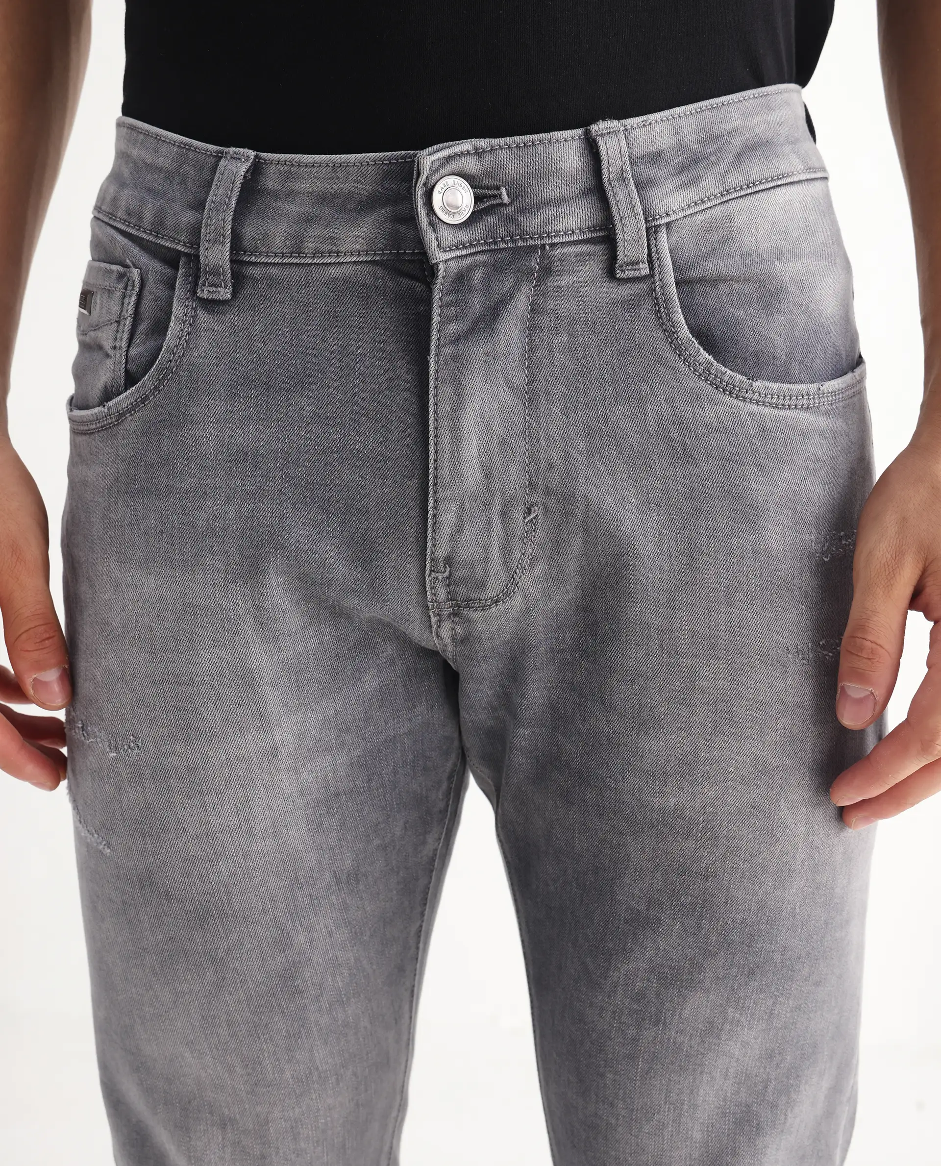 Rare Rabbit Men's Mainz Light Grey Cotton Blend Plain Hawk Slim Fit Jeans - Image 7
