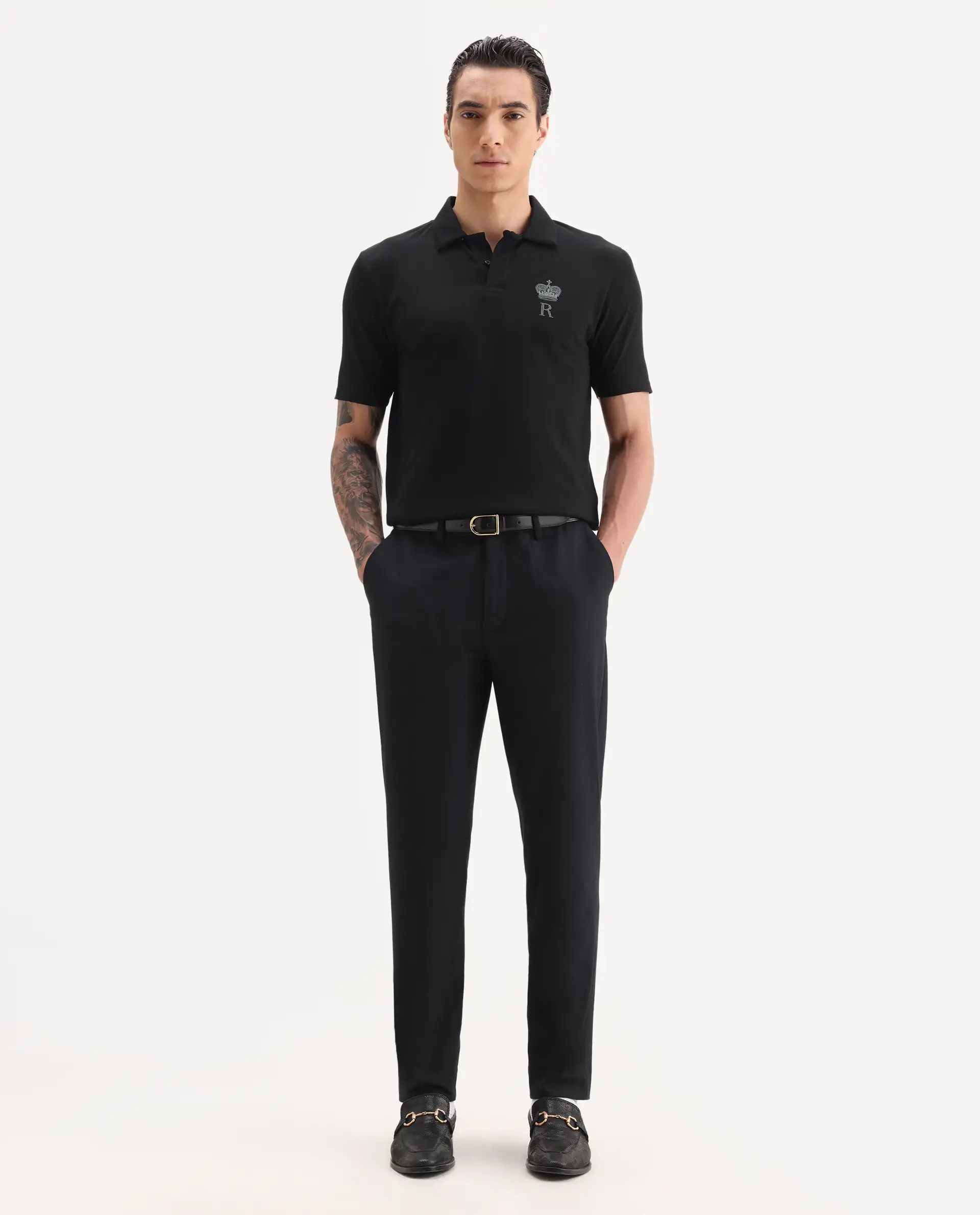 Rare Rabbit Men's Mais Black Cotton Blend Plain Regular Fit Half Sleeve Polo - Image 2