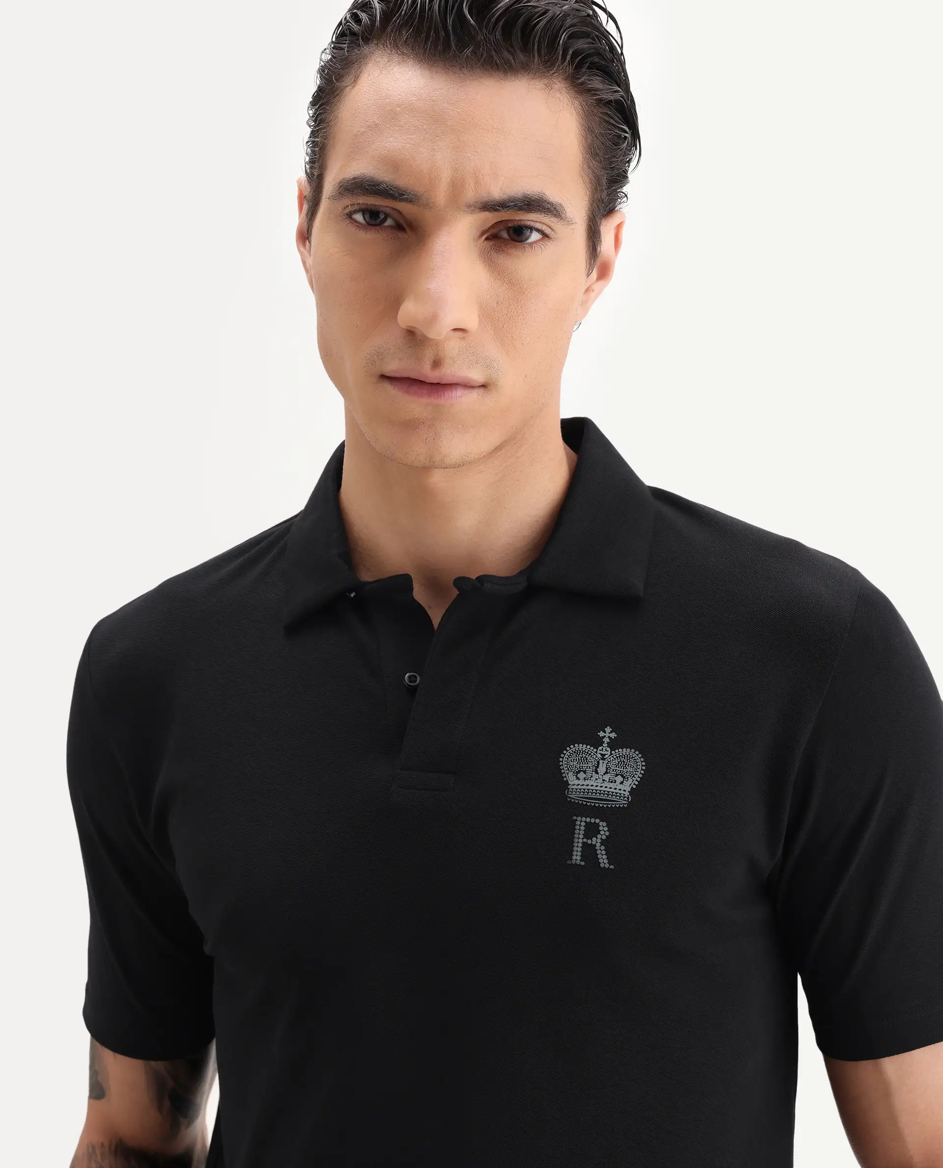 Rare Rabbit Men's Mais Black Cotton Blend Plain Regular Fit Half Sleeve Polo - Image 3