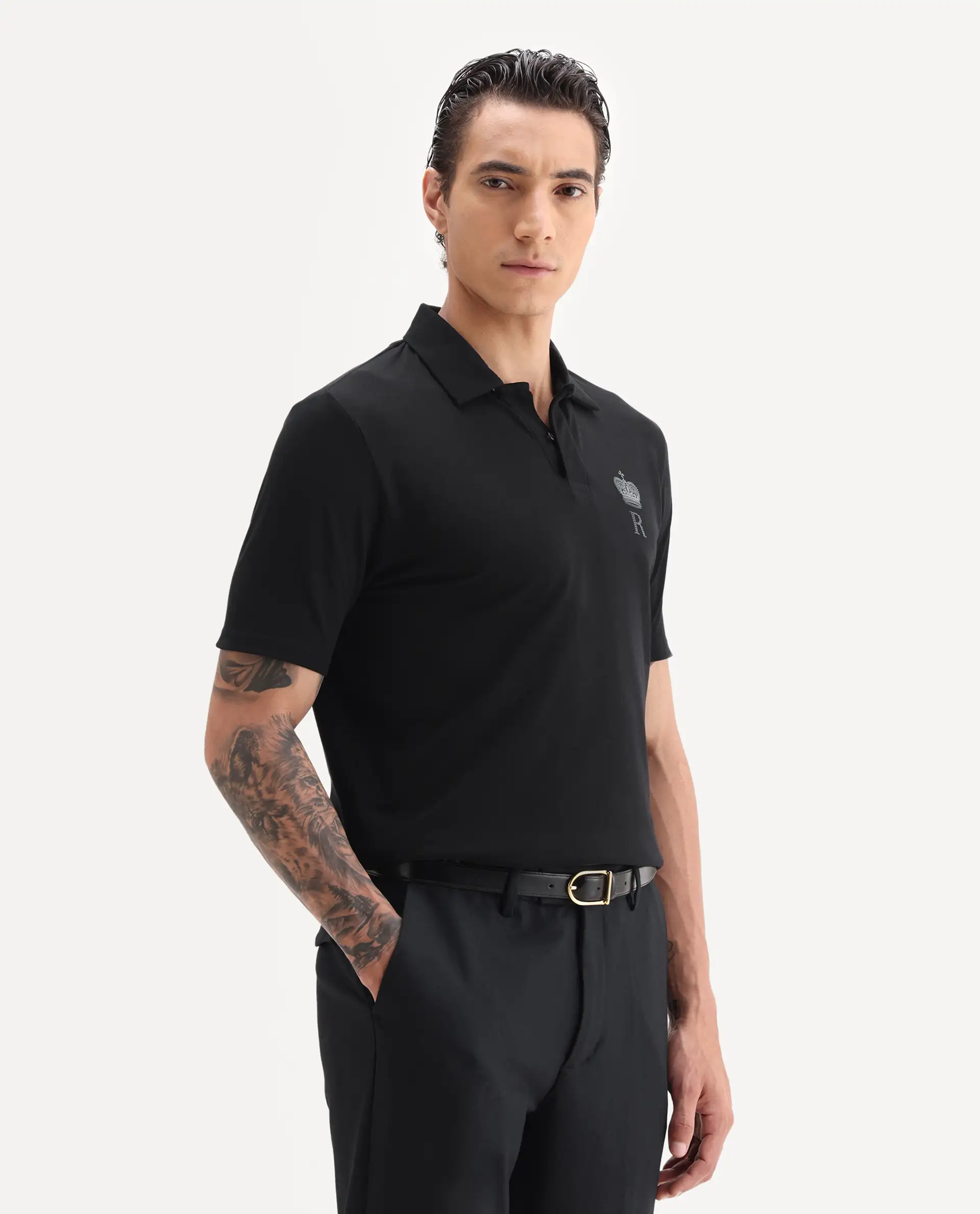 Rare Rabbit Men's Mais Black Cotton Blend Plain Regular Fit Half Sleeve Polo - Image 4