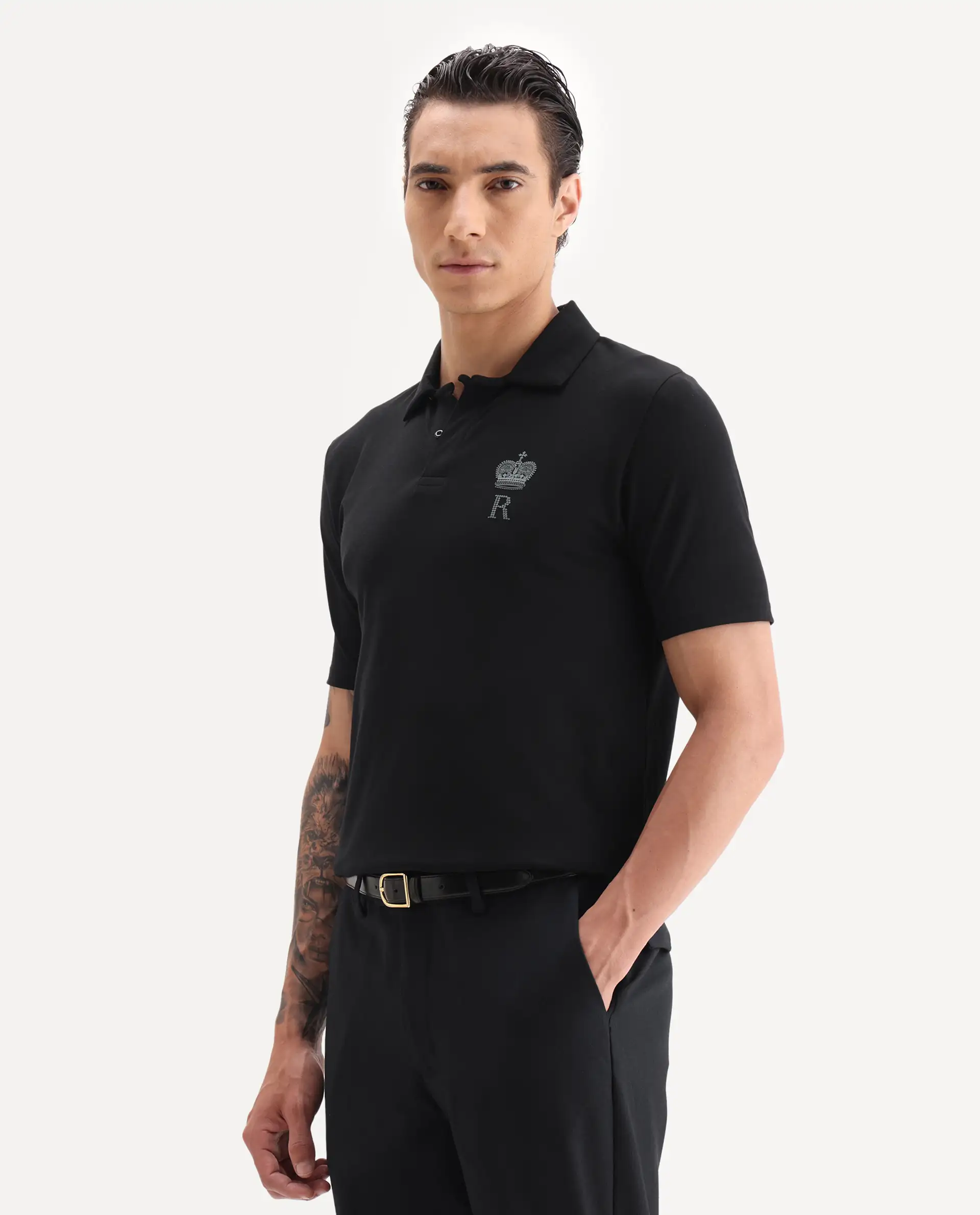 Rare Rabbit Men's Mais Black Cotton Blend Plain Regular Fit Half Sleeve Polo - Image 5
