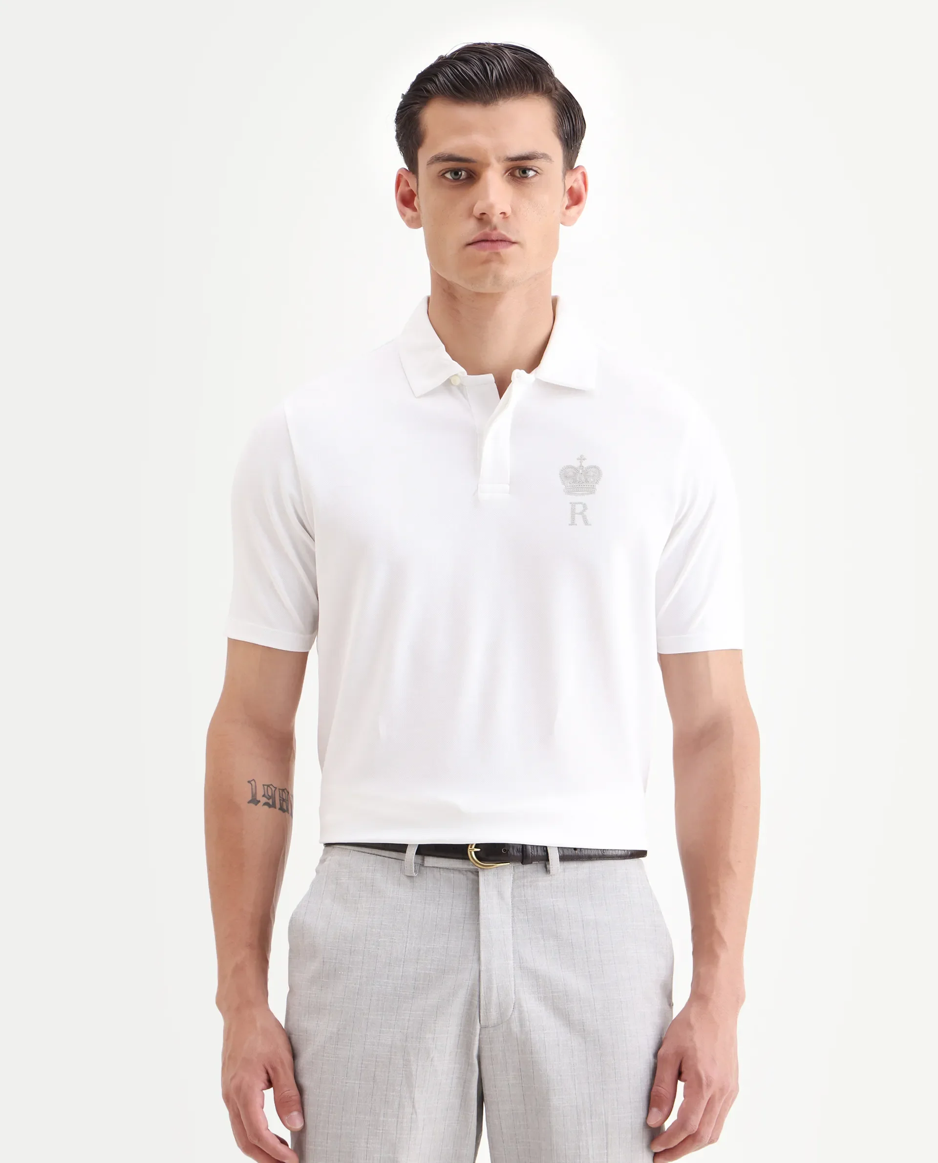 Rare Rabbit Men's Mais White Cotton Blend Plain Regular Fit Half Sleeve Polo - Image 4