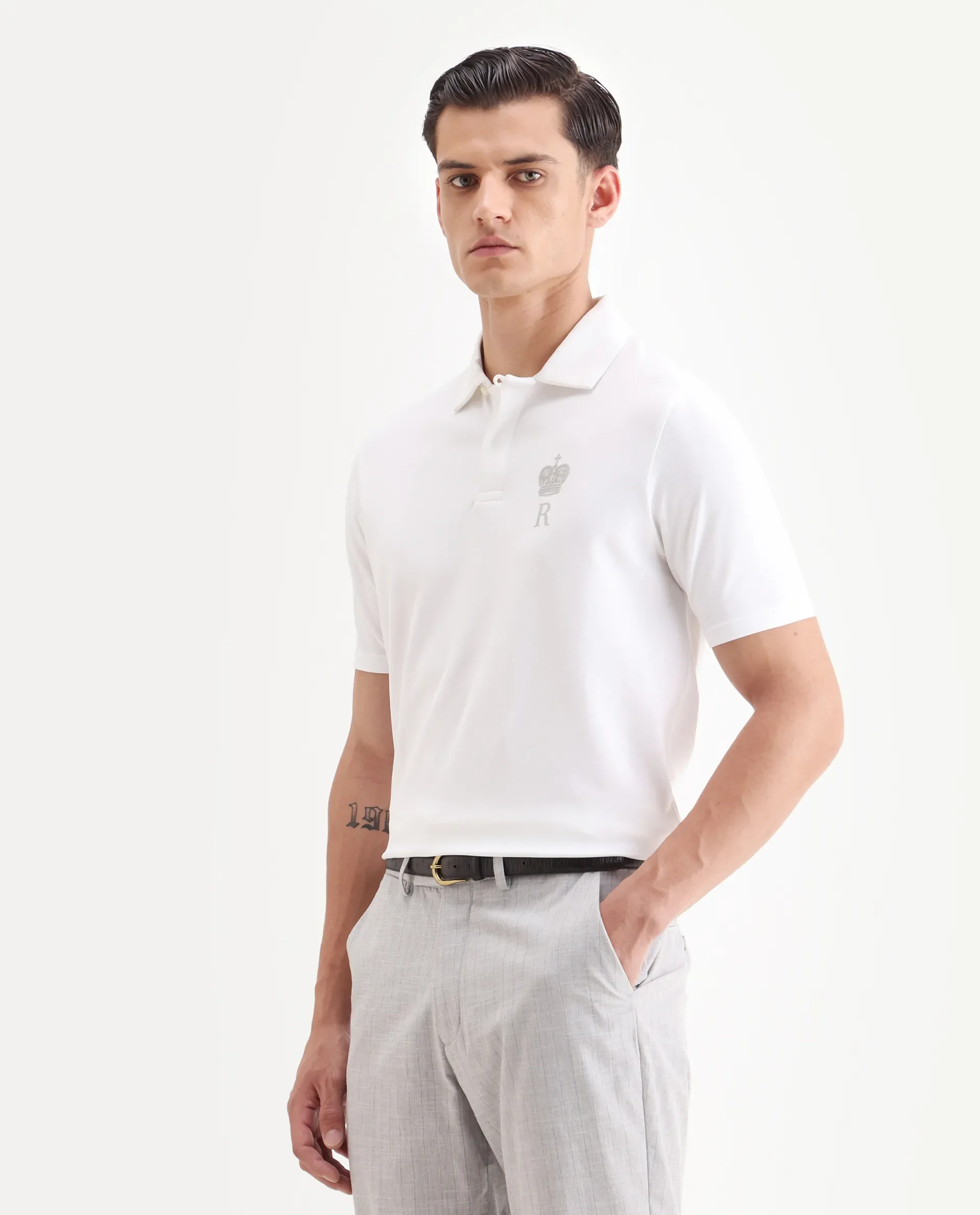 Rare Rabbit Men's Mais White Cotton Blend Plain Regular Fit Half Sleeve Polo - Image 5