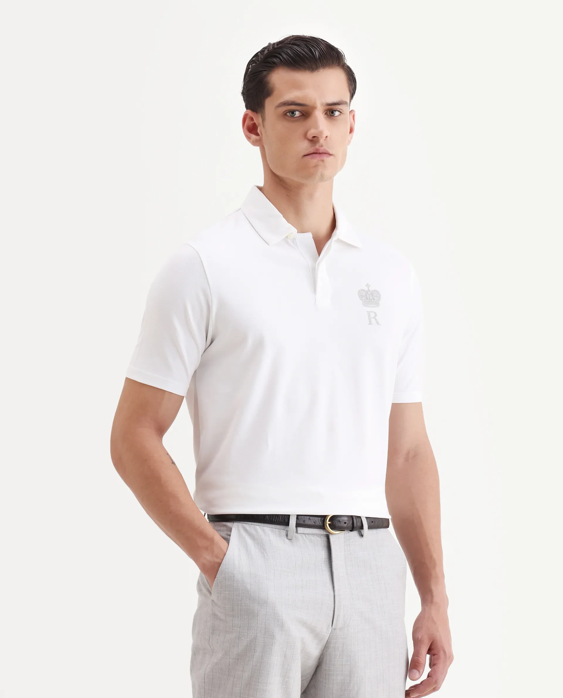Rare Rabbit Men's Mais White Cotton Blend Plain Regular Fit Half Sleeve Polo - Image 6