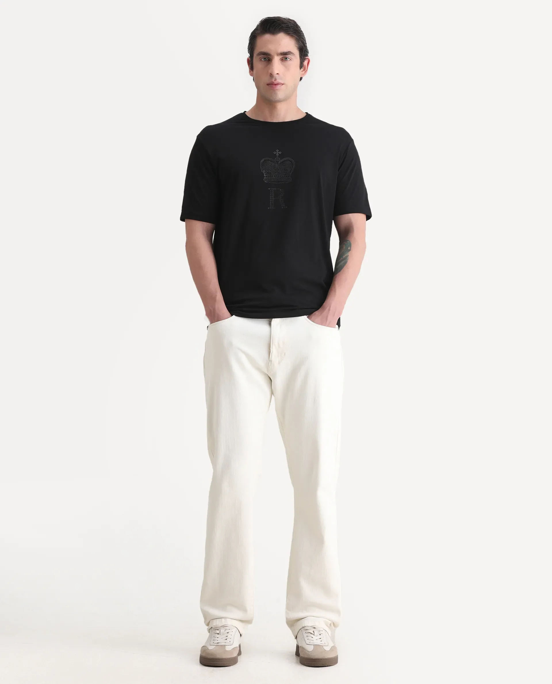 Rare Rabbit Men's Maisel-25 Black Cotton Blend Hd Print Regular Fit Half Sleeve Crew Neck T-Shirt - Image 2