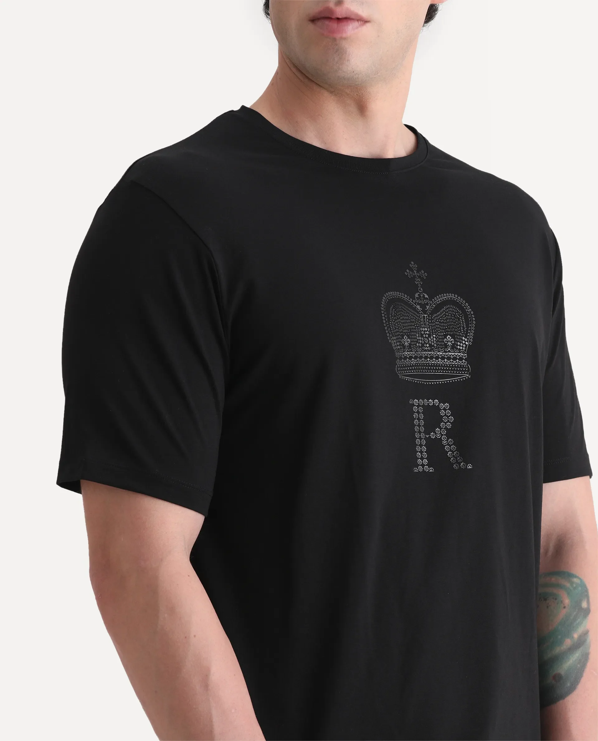 Rare Rabbit Men's Maisel-25 Black Cotton Blend Hd Print Regular Fit Half Sleeve Crew Neck T-Shirt - Image 3