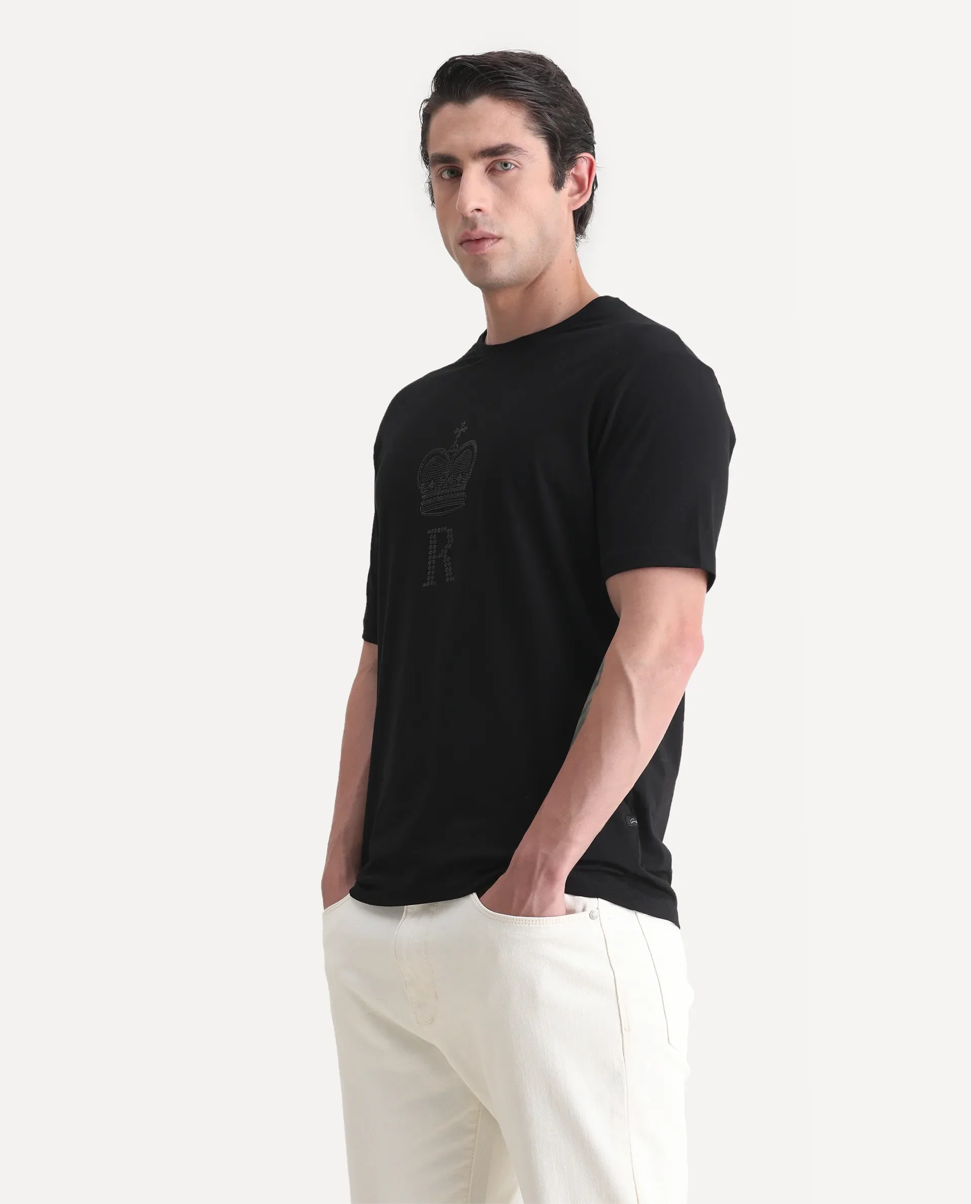 Rare Rabbit Men's Maisel-25 Black Cotton Blend Hd Print Regular Fit Half Sleeve Crew Neck T-Shirt - Image 4