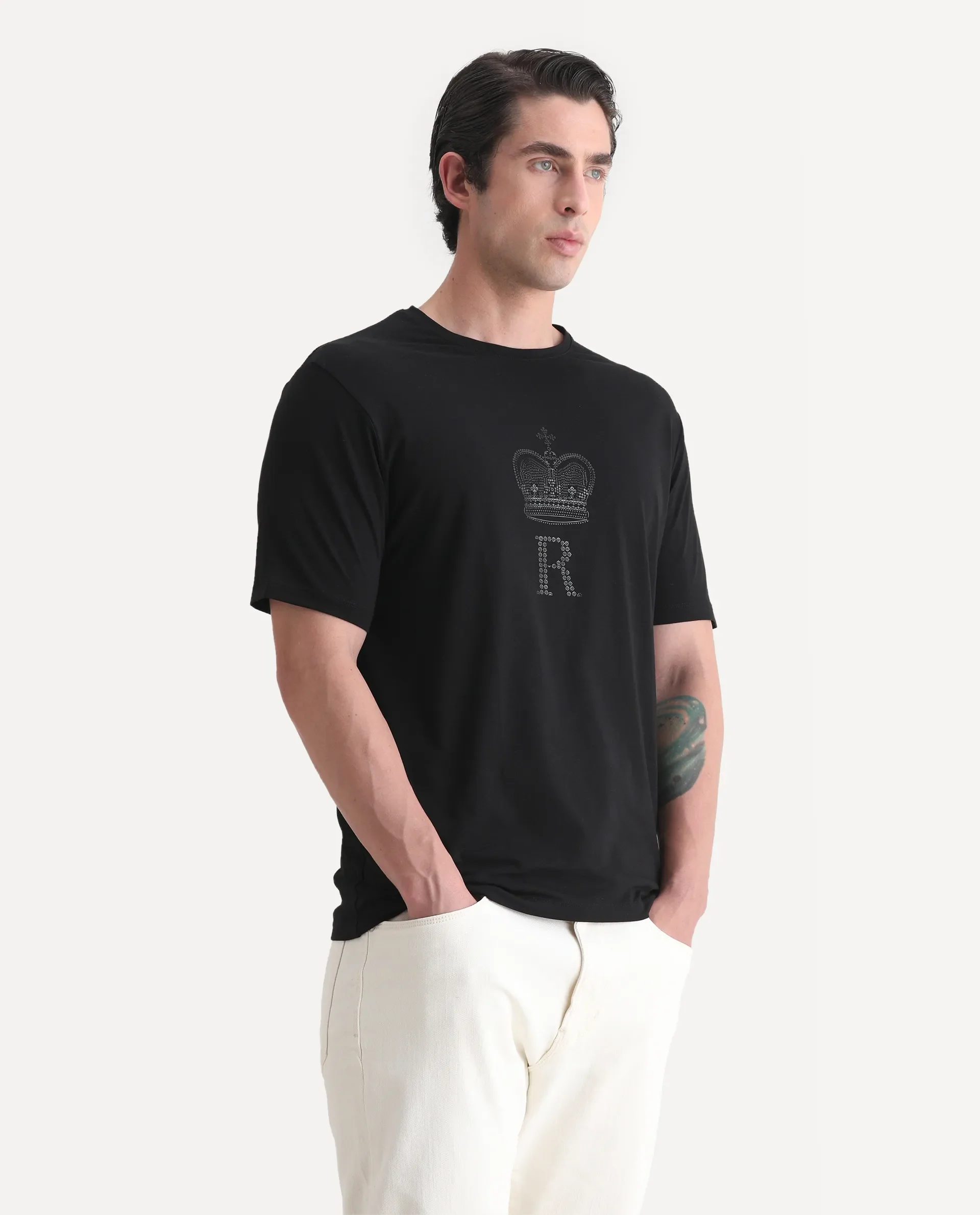 Rare Rabbit Men's Maisel-25 Black Cotton Blend Hd Print Regular Fit Half Sleeve Crew Neck T-Shirt - Image 5