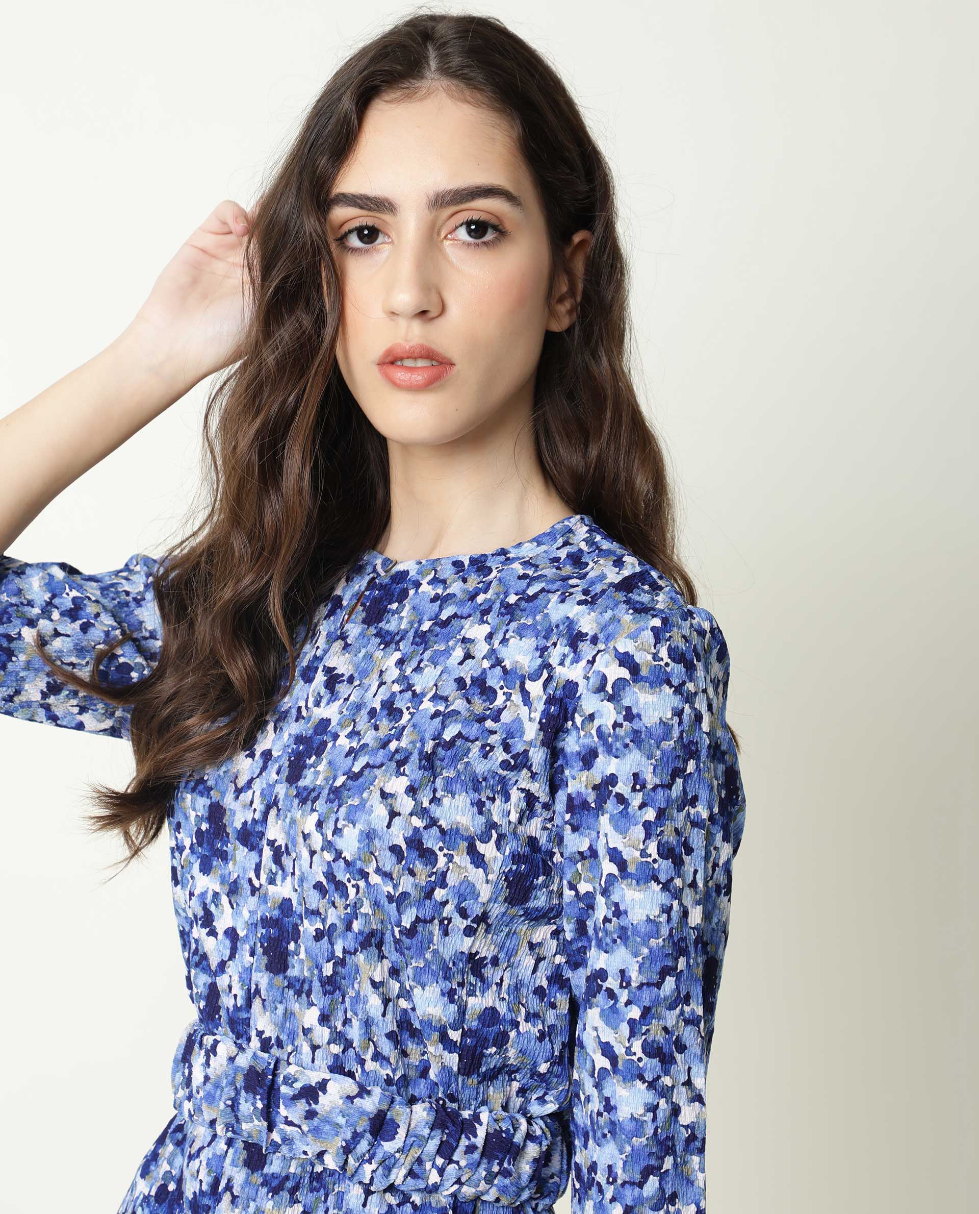 Rareism Womens Maisey Blue Dress Polycoton Fabric Half Sleeve Round Neck - Image 3