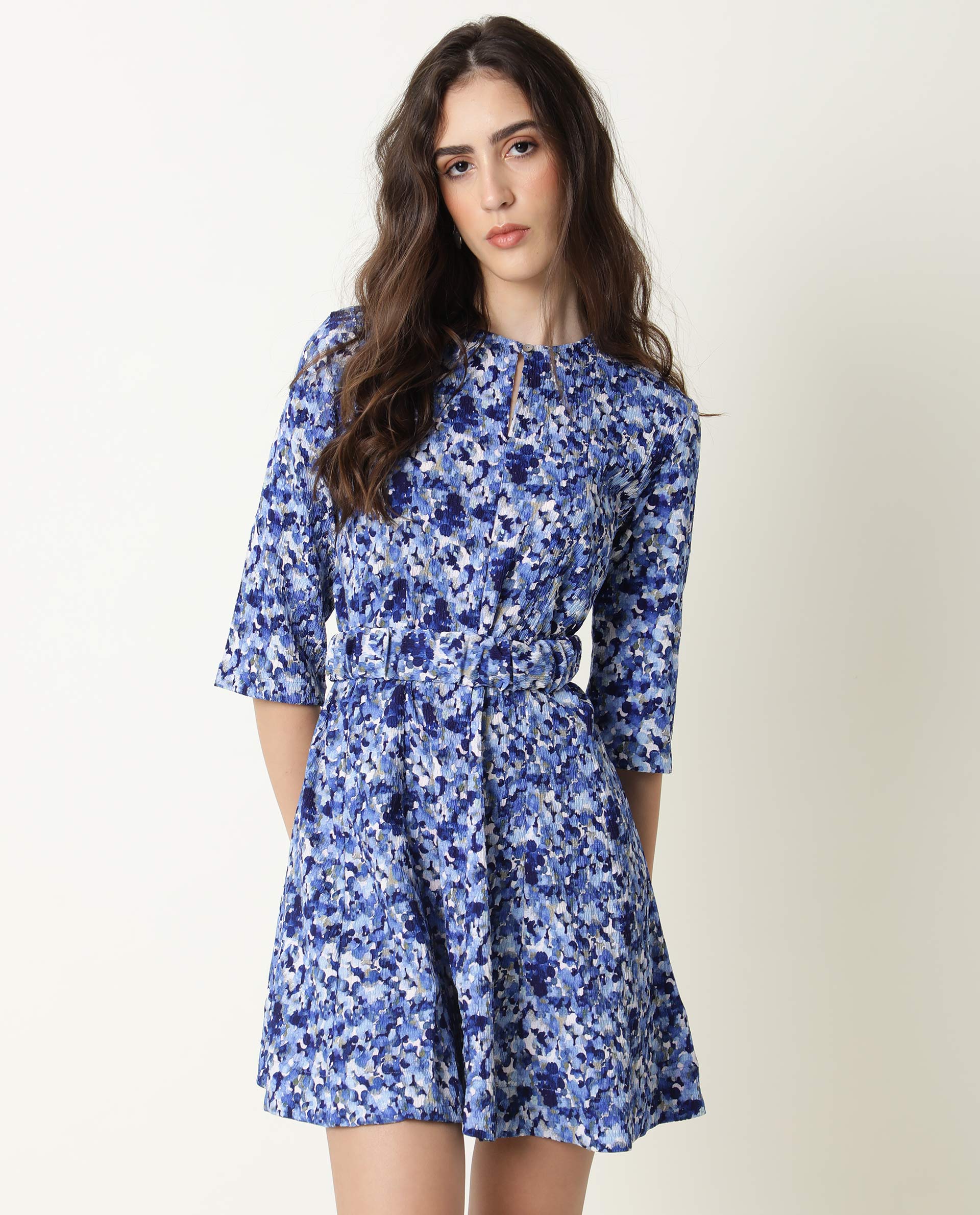 Rareism Womens Maisey Blue Dress Polycoton Fabric Half Sleeve Round Neck - Image 4