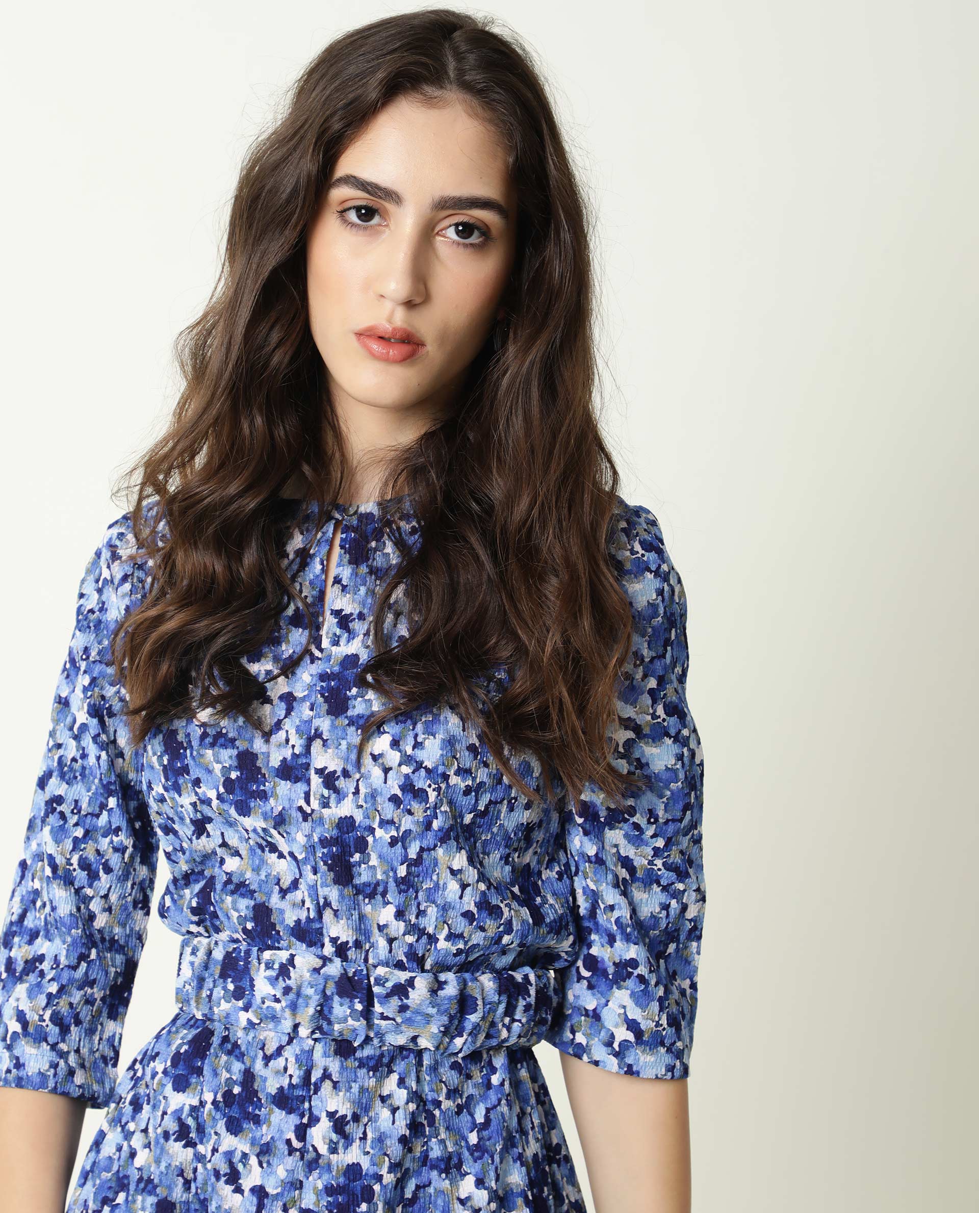 Rareism Womens Maisey Blue Dress Polycoton Fabric Half Sleeve Round Neck - Image 5