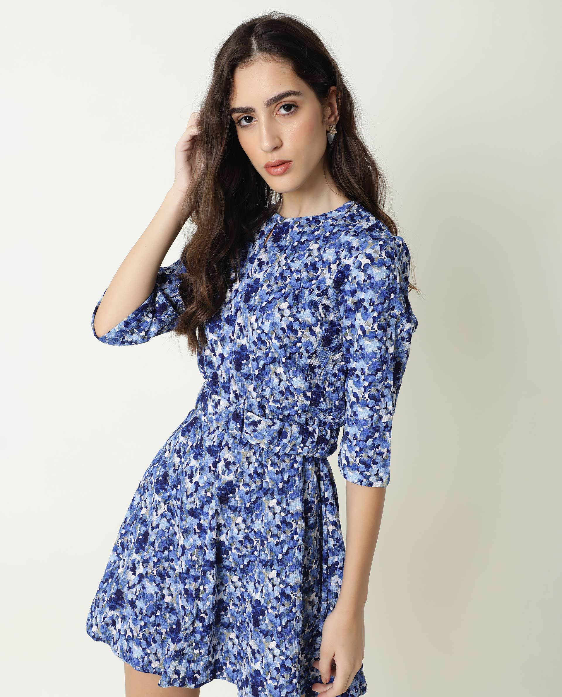 Rareism Womens Maisey Blue Dress Polycoton Fabric Half Sleeve Round Neck - Image 6