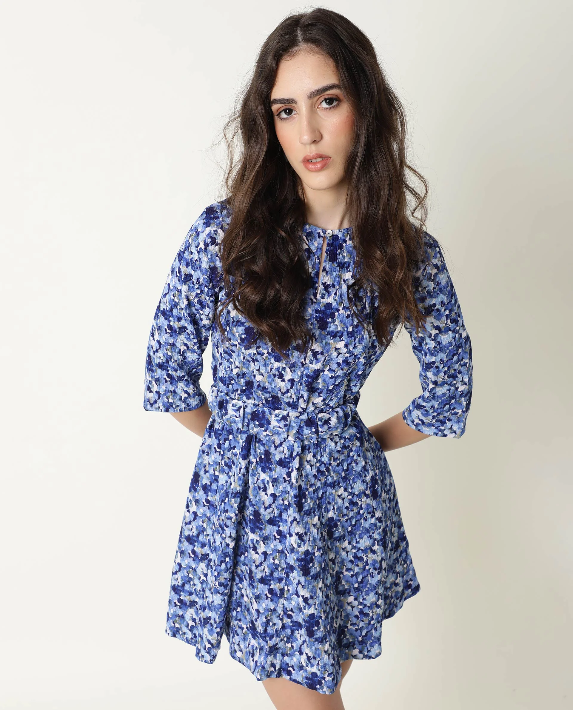 Rareism Womens Maisey Blue Dress Polycoton Fabric Half Sleeve Round Neck - Image 7