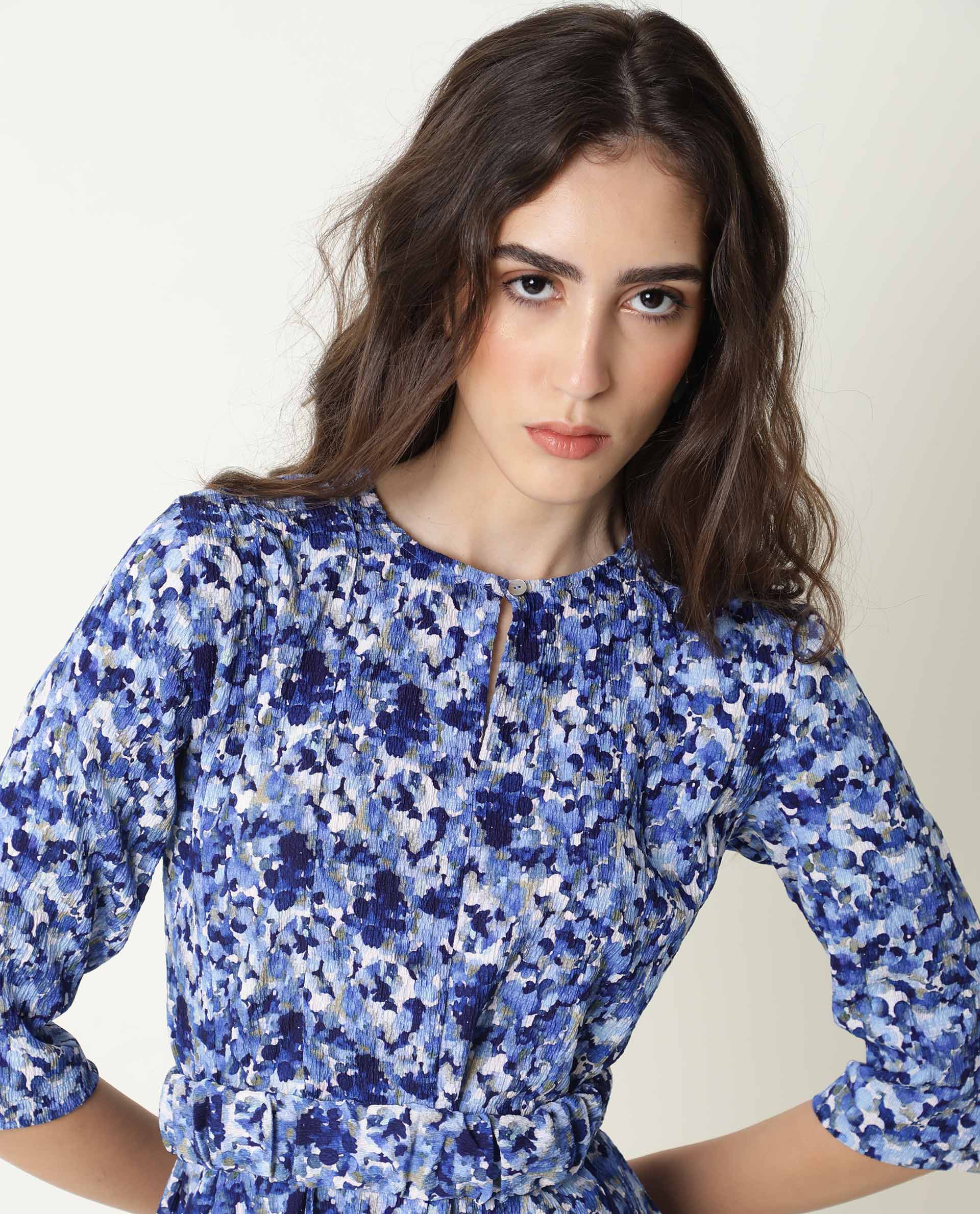 Rareism Womens Maisey Blue Dress Polycoton Fabric Half Sleeve Round Neck - Image 8