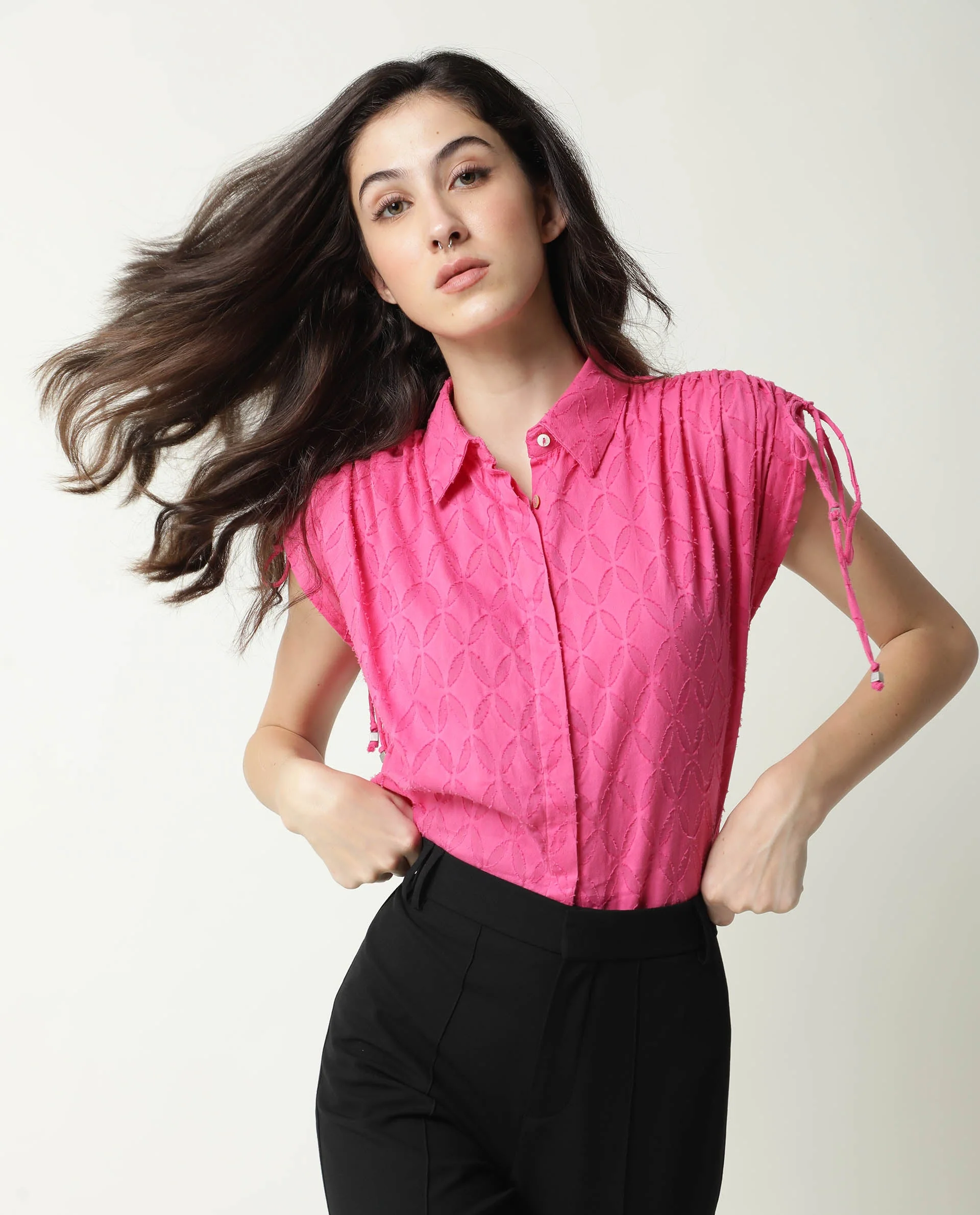 Rareism Womens Majesty Pink Top Cotton Fabric Comfortable Fit Half Sleeve Collared Neck - Image 4