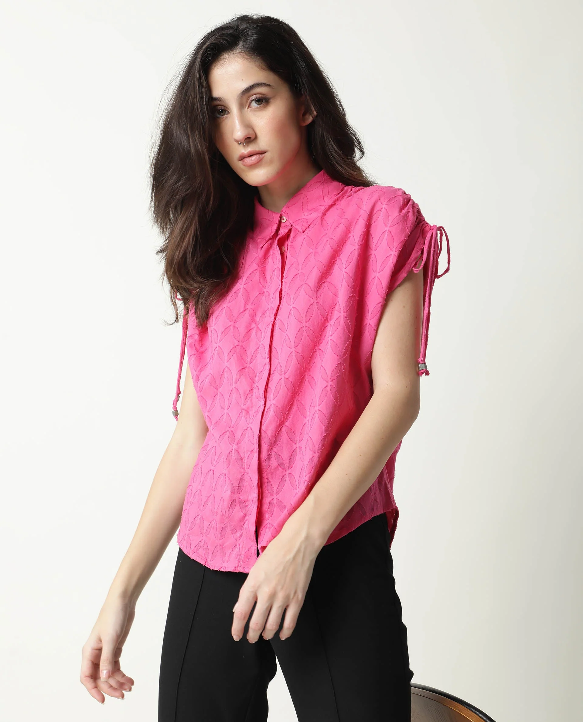 Rareism Womens Majesty Pink Top Cotton Fabric Comfortable Fit Half Sleeve Collared Neck - Image 5
