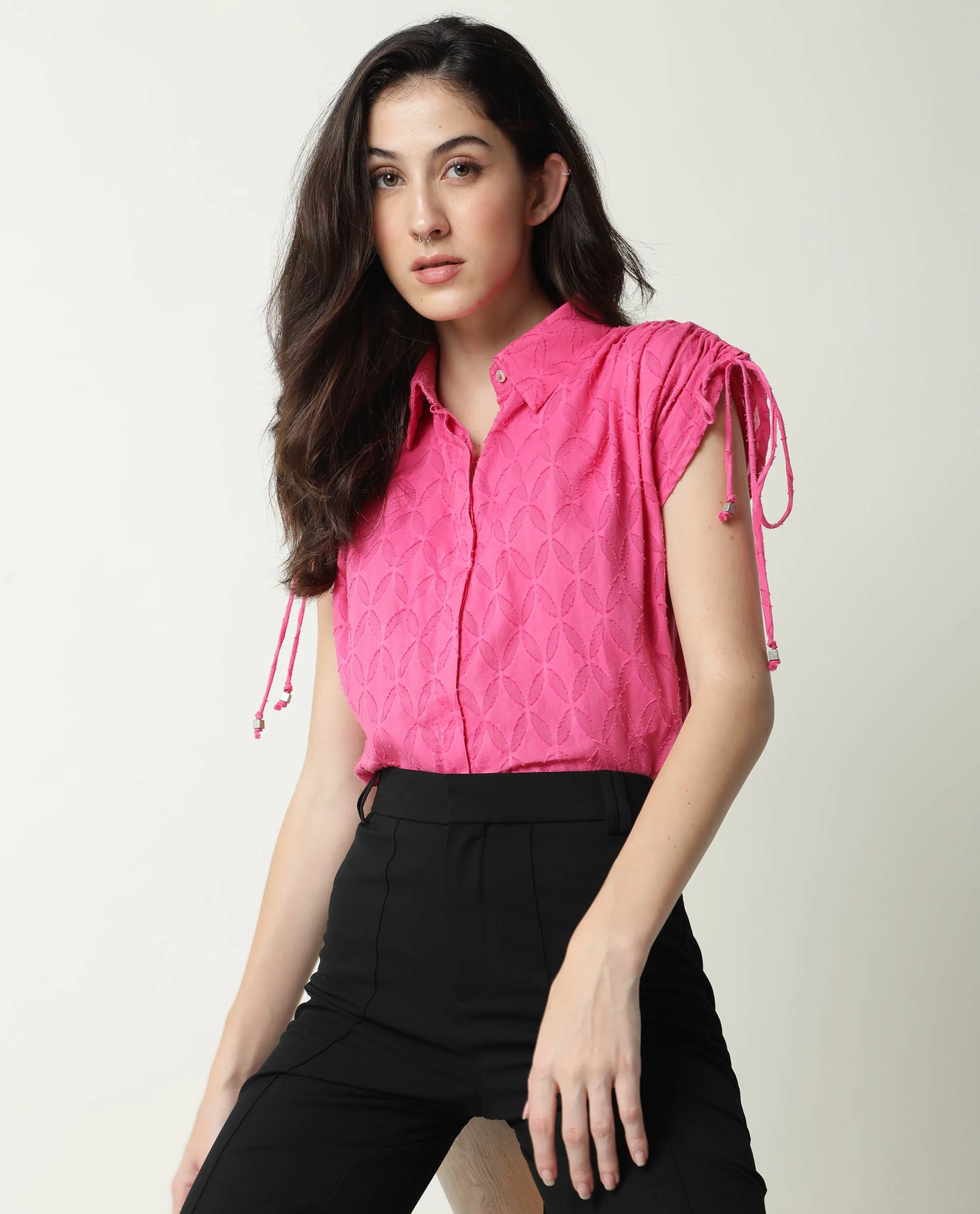 Rareism Womens Majesty Pink Top Cotton Fabric Comfortable Fit Half Sleeve Collared Neck - Image 7