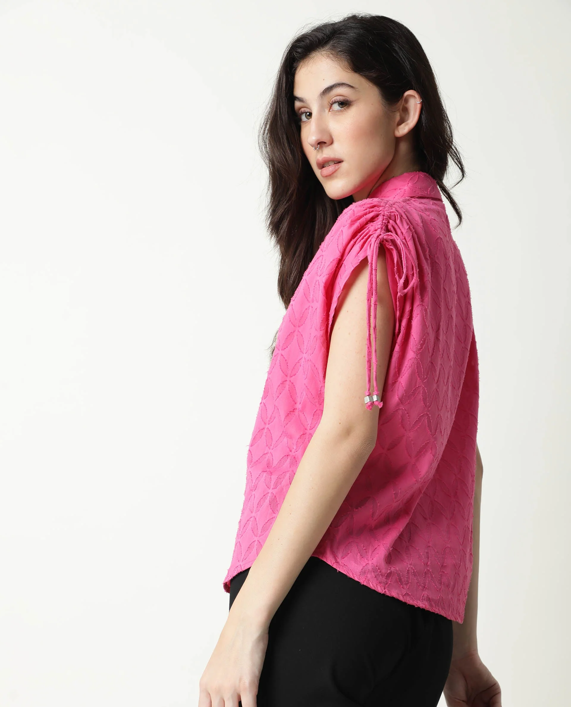 Rareism Womens Majesty Pink Top Cotton Fabric Comfortable Fit Half Sleeve Collared Neck - Image 8