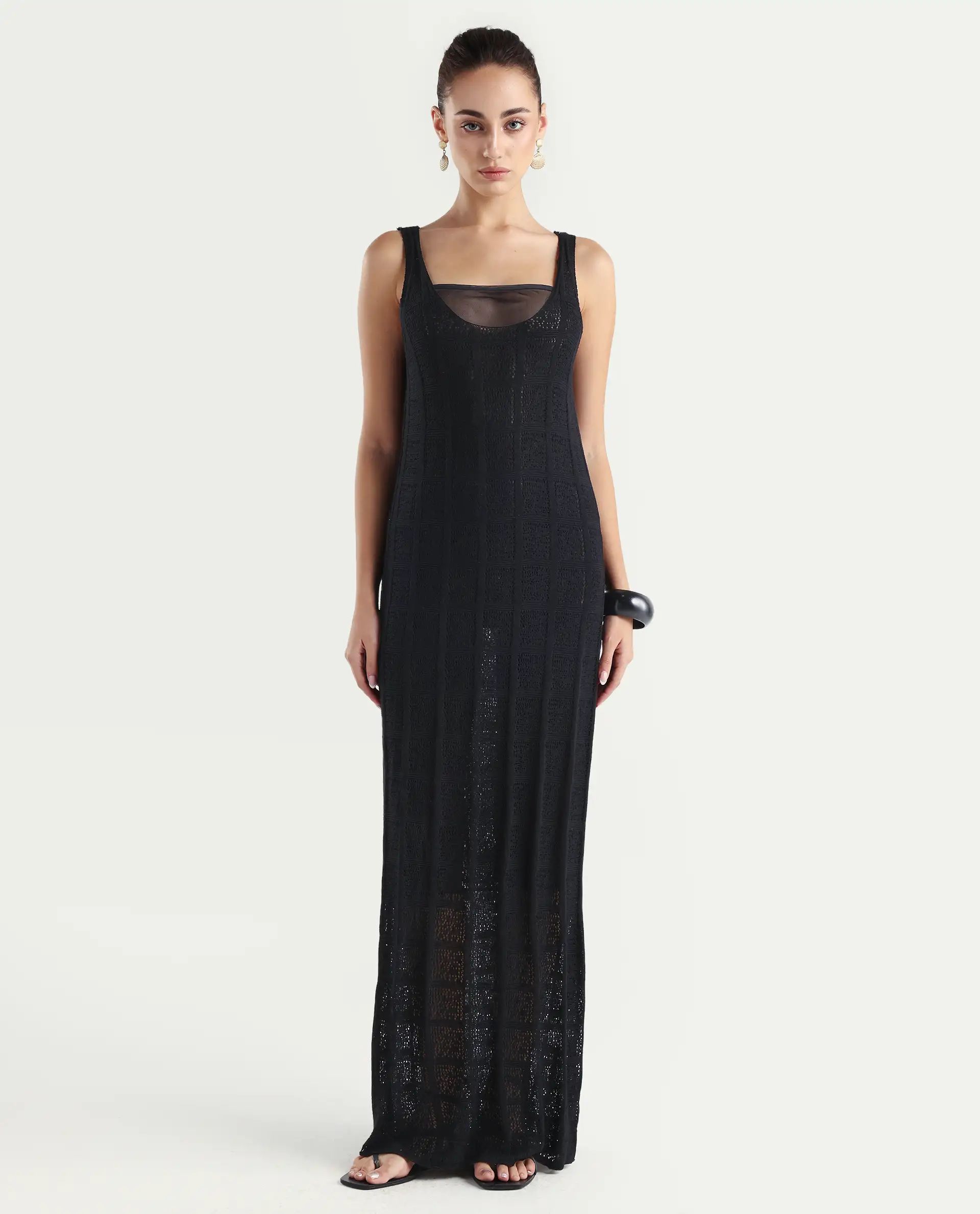 Rareism Women's Majoka Black Viscose U-Neck Plain Sleeveless Maxi Bodycon Dress - Image 3
