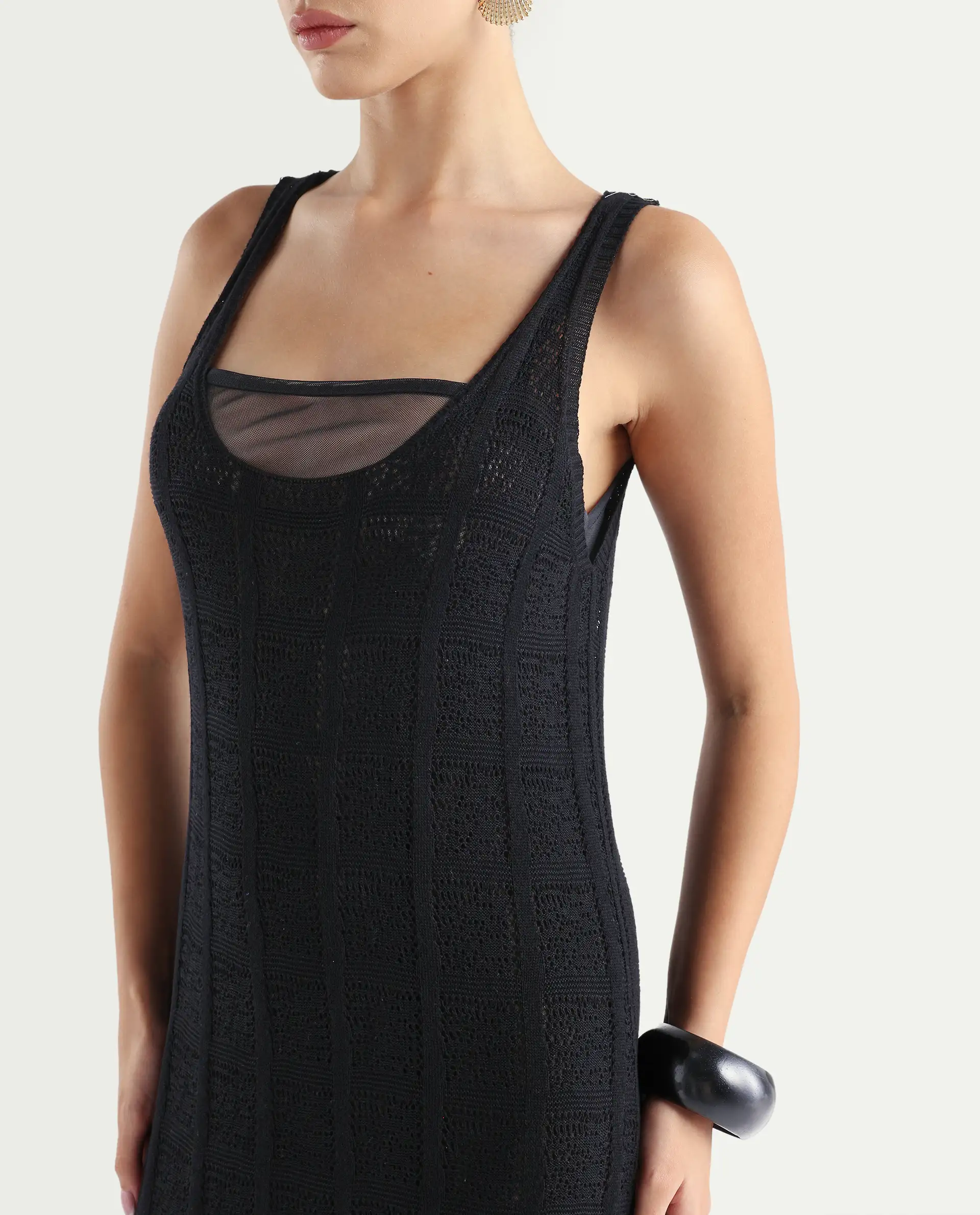 Rareism Women's Majoka Black Viscose U-Neck Plain Sleeveless Maxi Bodycon Dress - Image 4