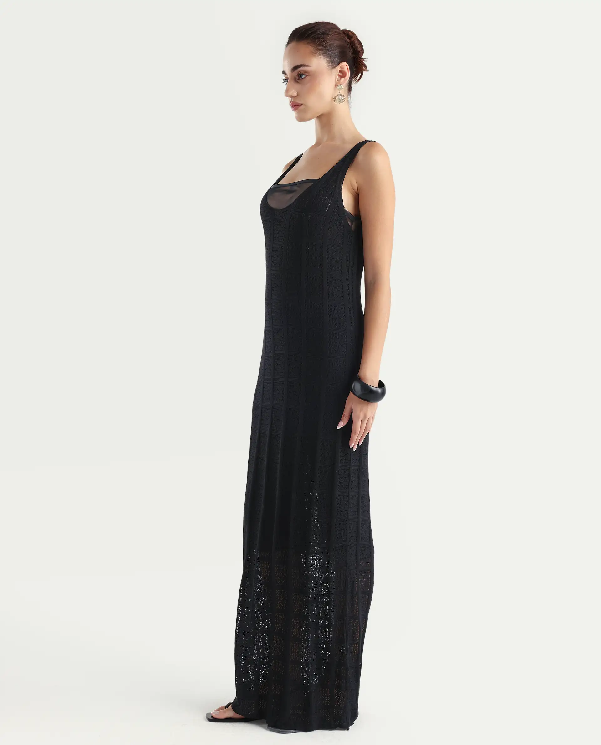 Rareism Women's Majoka Black Viscose U-Neck Plain Sleeveless Maxi Bodycon Dress - Image 5