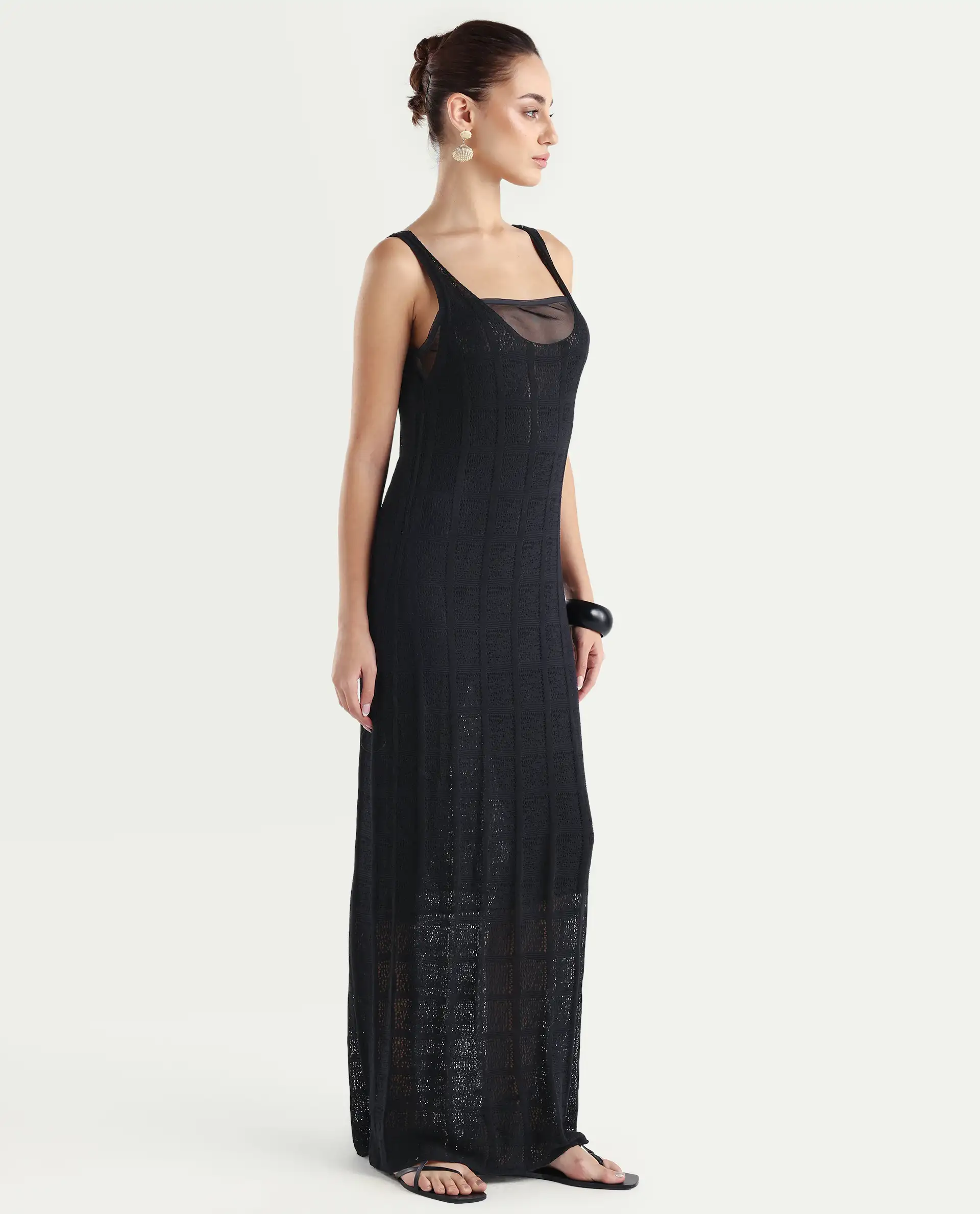 Rareism Women's Majoka Black Viscose U-Neck Plain Sleeveless Maxi Bodycon Dress - Image 6