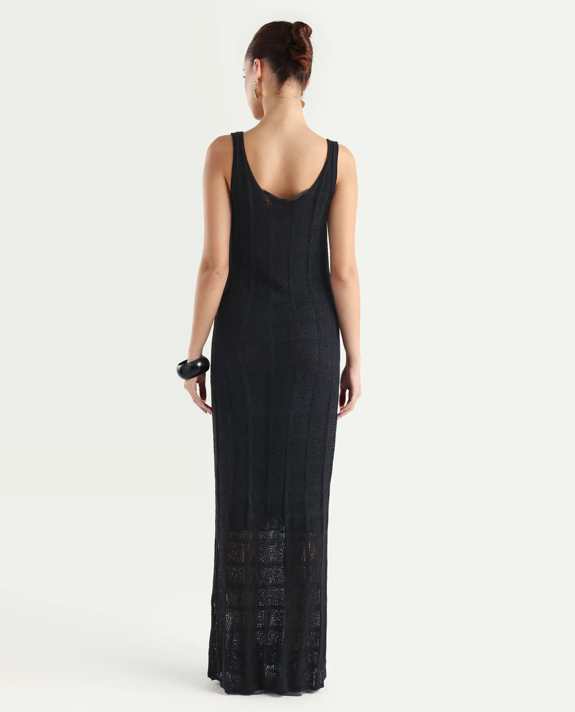 Rareism Women's Majoka Black Viscose U-Neck Plain Sleeveless Maxi Bodycon Dress - Image 7