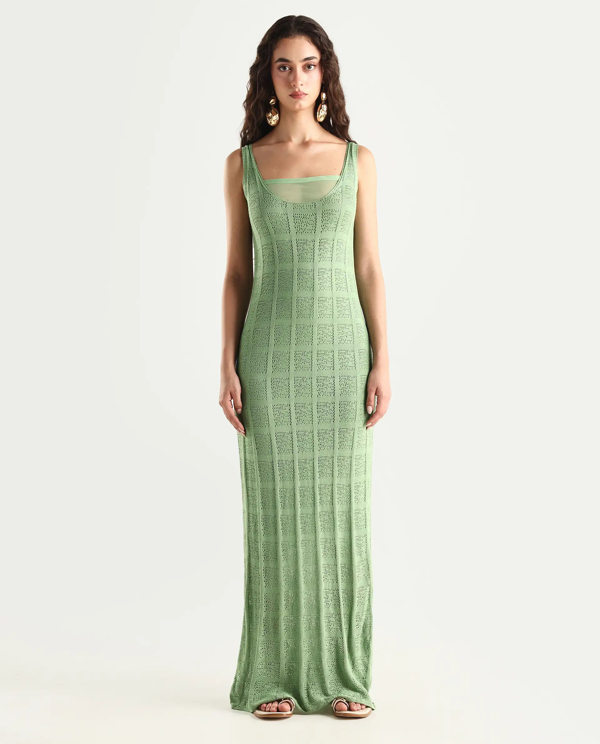 Rareism Women's Majoka Pastel Green Viscose U-Neck Plain Sleeveless Maxi Bodycon Dress