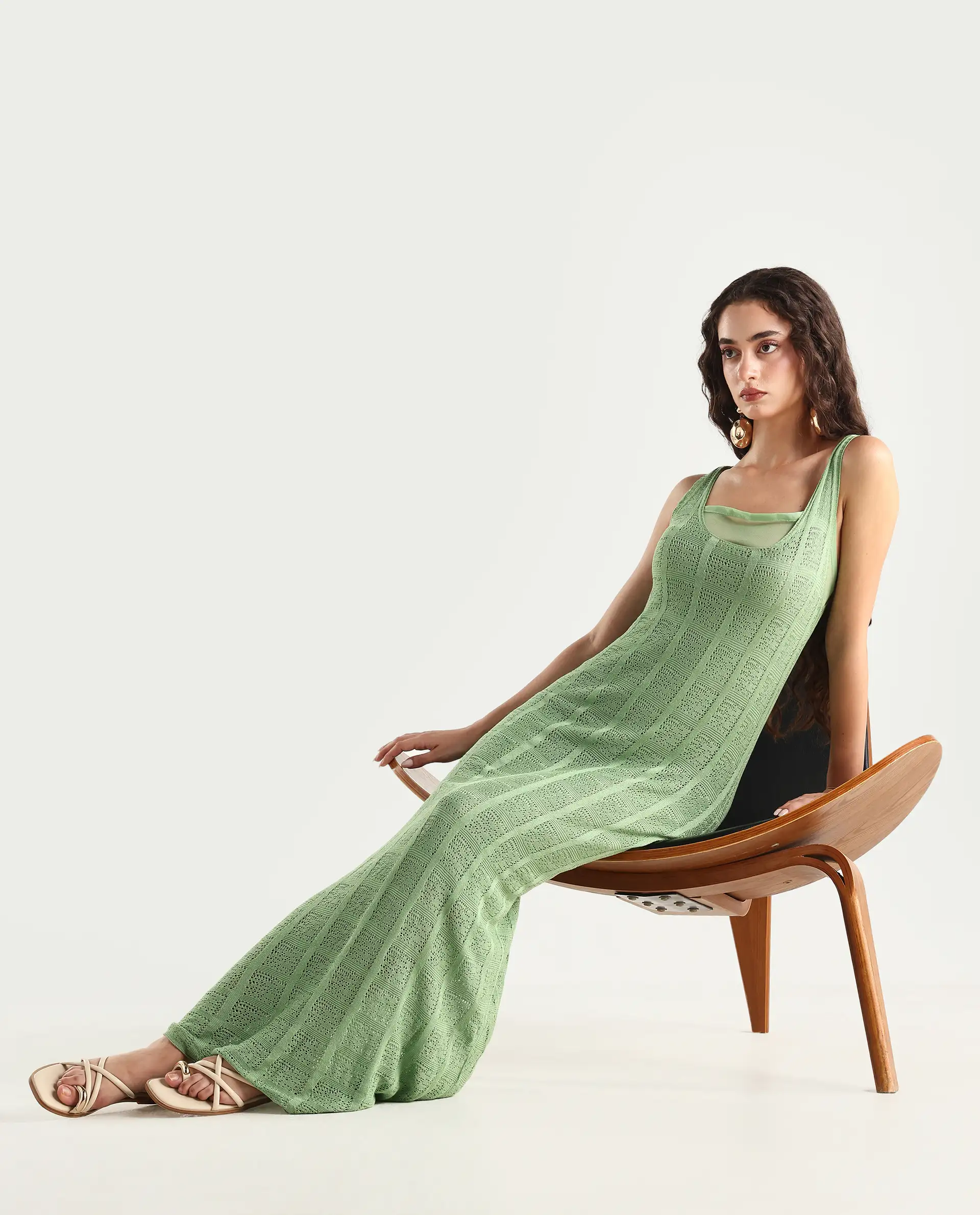 Rareism Women's Majoka Pastel Green Viscose U-Neck Plain Sleeveless Maxi Bodycon Dress - Image 2