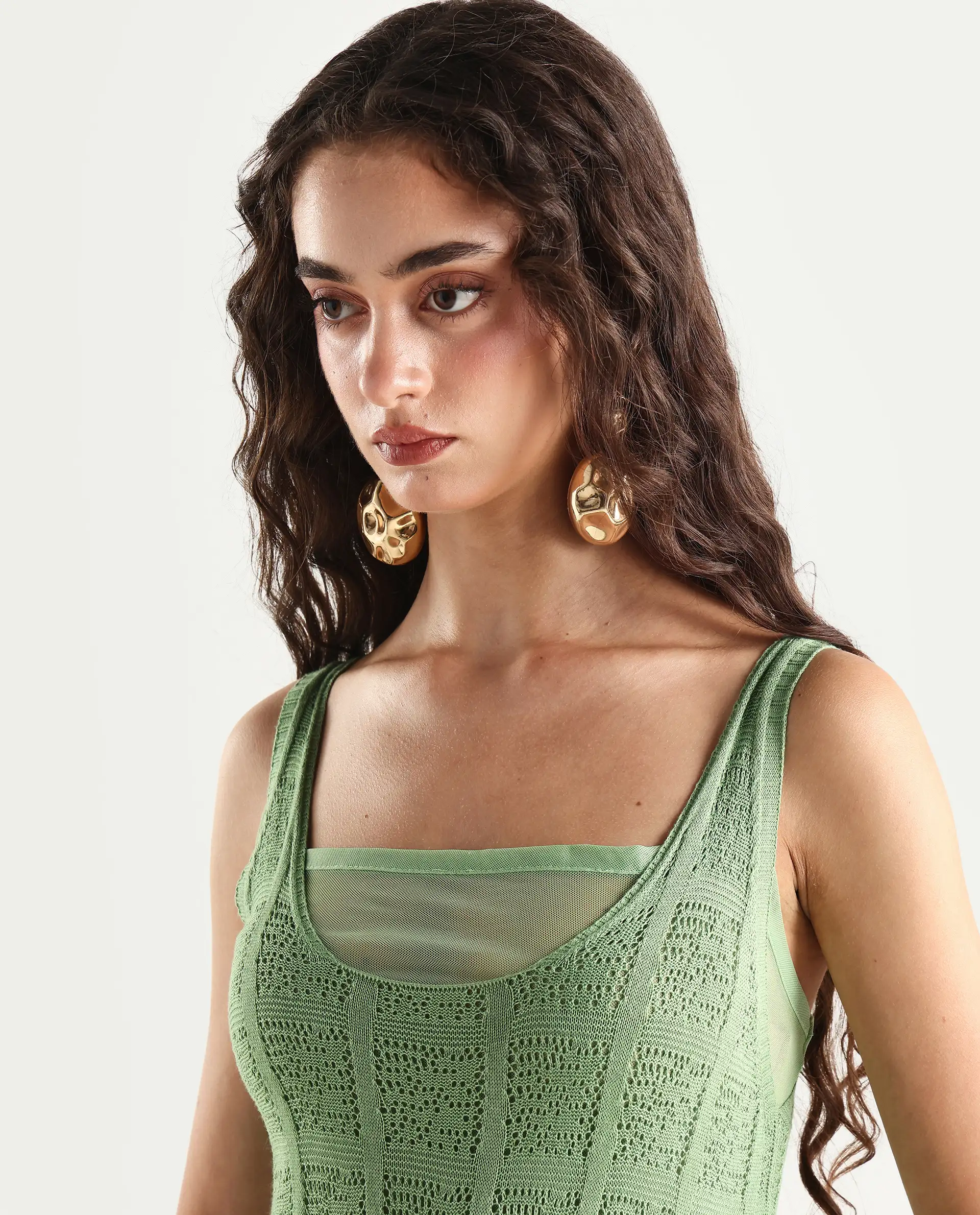Rareism Women's Majoka Pastel Green Viscose U-Neck Plain Sleeveless Maxi Bodycon Dress - Image 4