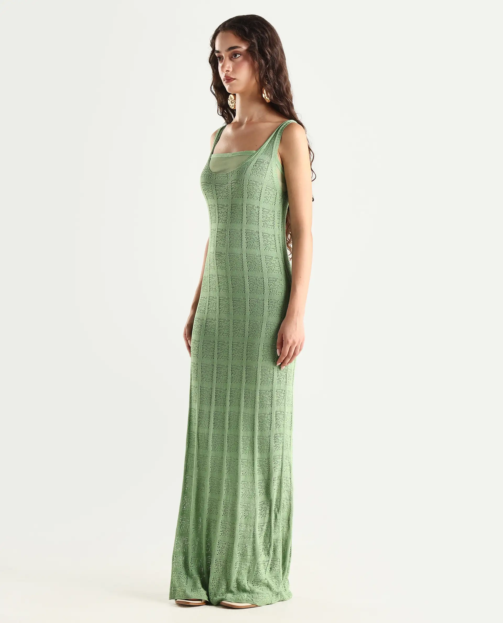 Rareism Women's Majoka Pastel Green Viscose U-Neck Plain Sleeveless Maxi Bodycon Dress - Image 6