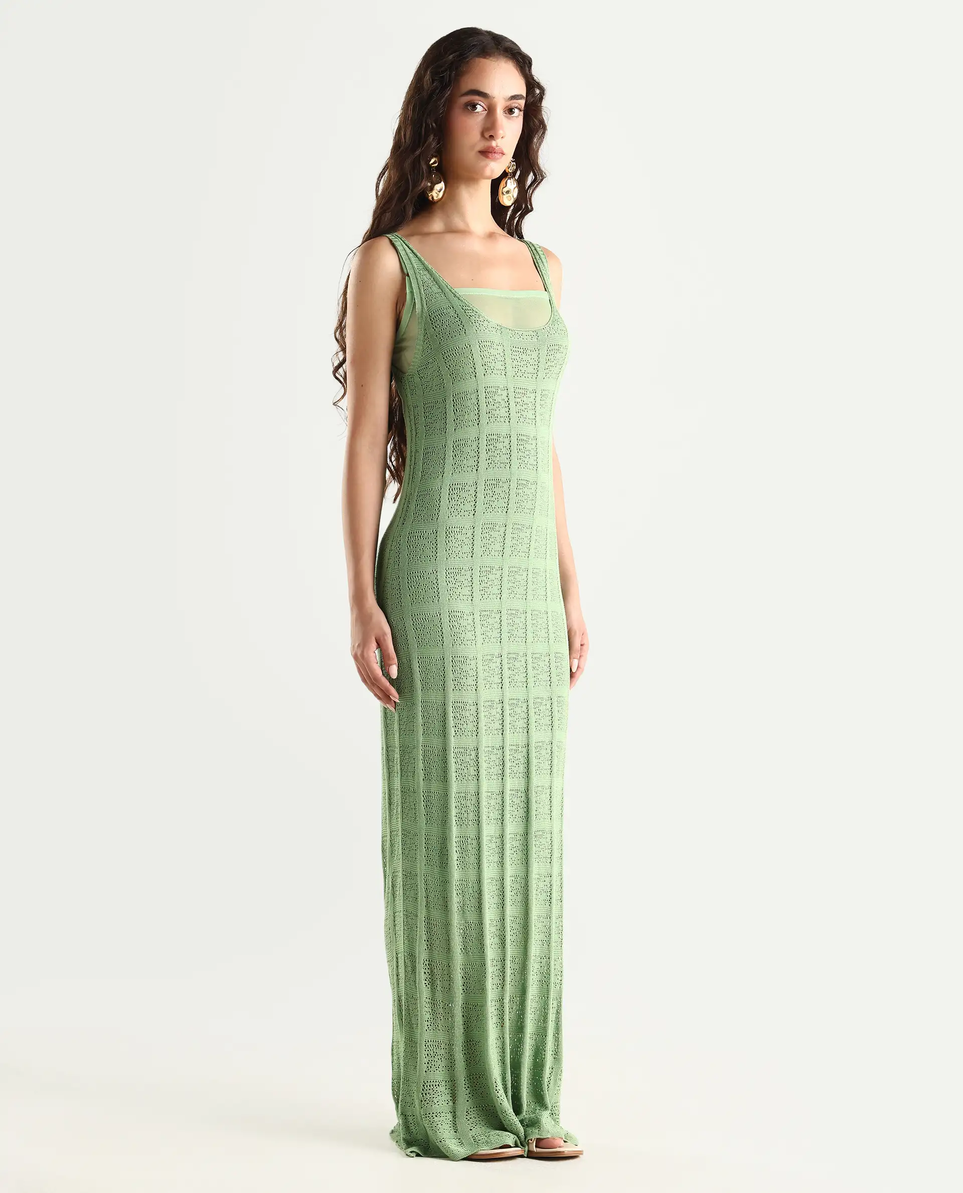 Rareism Women's Majoka Pastel Green Viscose U-Neck Plain Sleeveless Maxi Bodycon Dress - Image 7