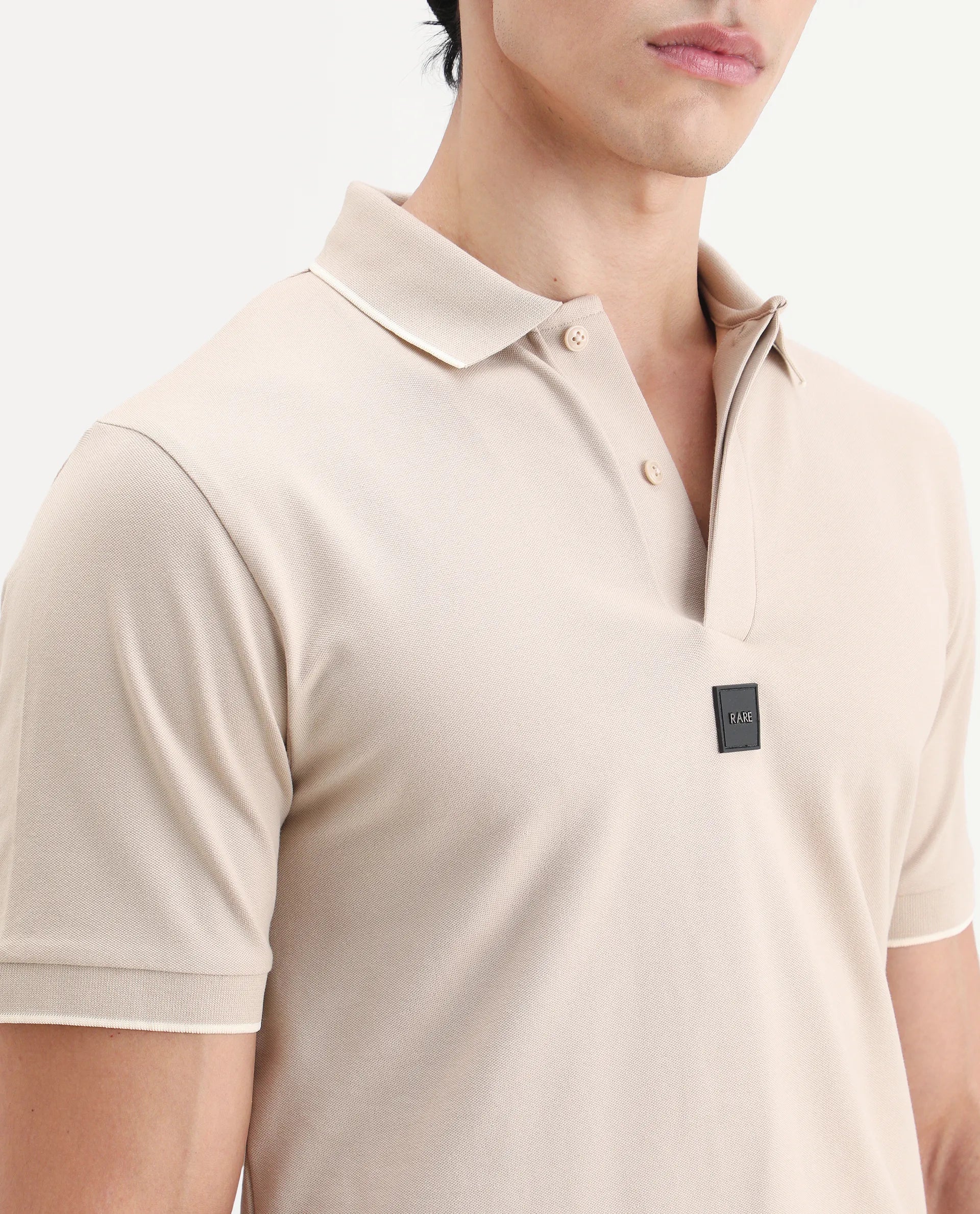 Rare Rabbit Men's Mak Beige Cotton Blend Fabric Half Sleeve Spread Collar Regular Fit Plain Polo - Image 3