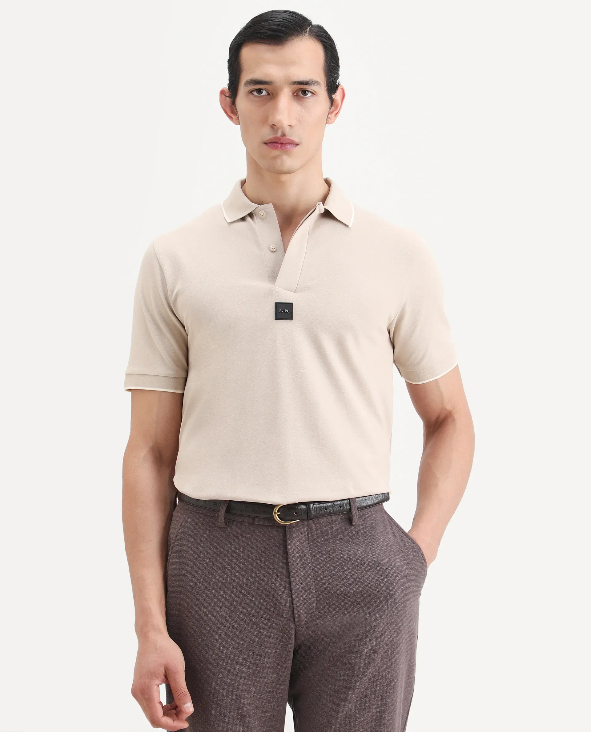 Rare Rabbit Men's Mak Beige Cotton Blend Fabric Half Sleeve Spread Collar Regular Fit Plain Polo - Image 4