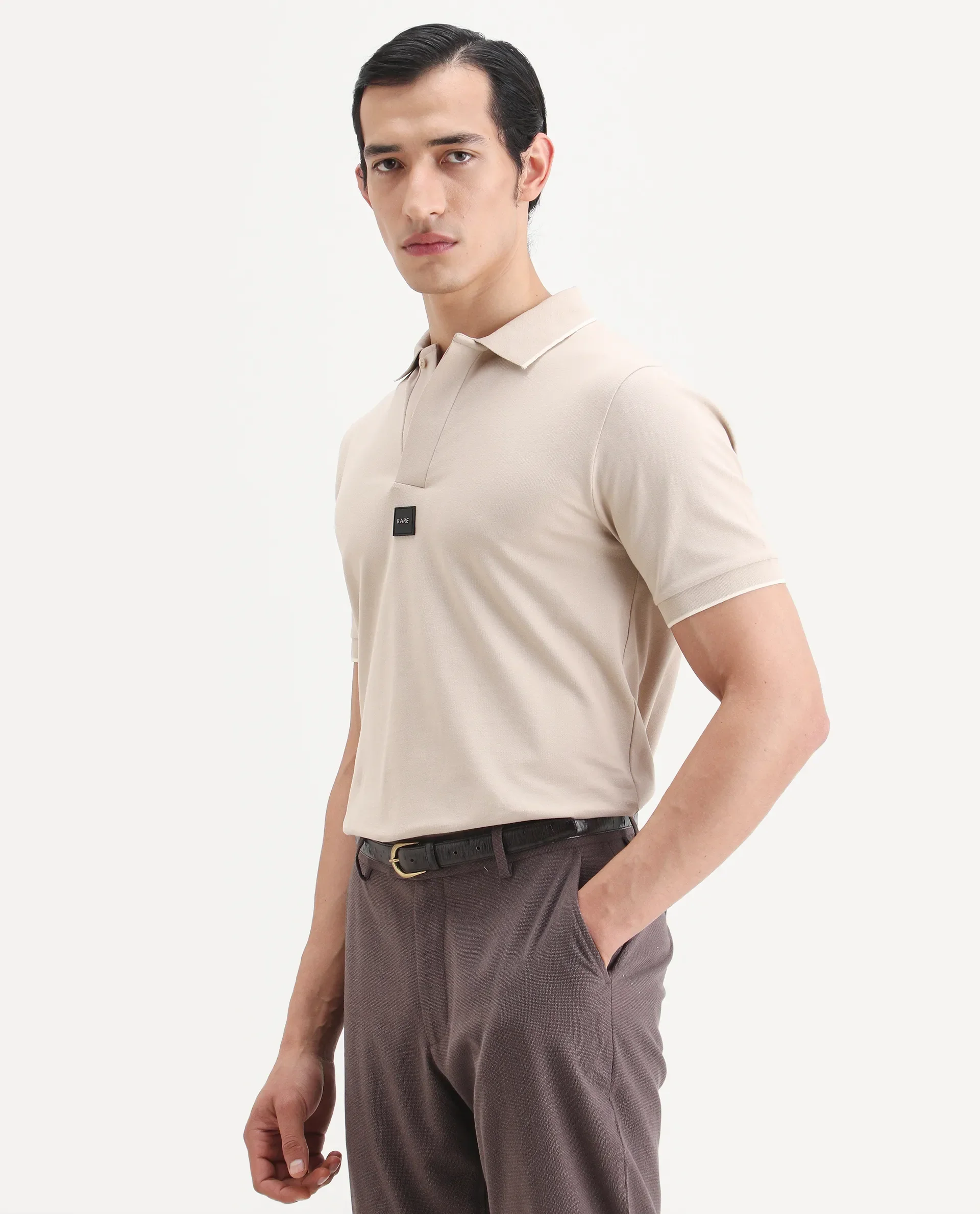 Rare Rabbit Men's Mak Beige Cotton Blend Fabric Half Sleeve Spread Collar Regular Fit Plain Polo - Image 5