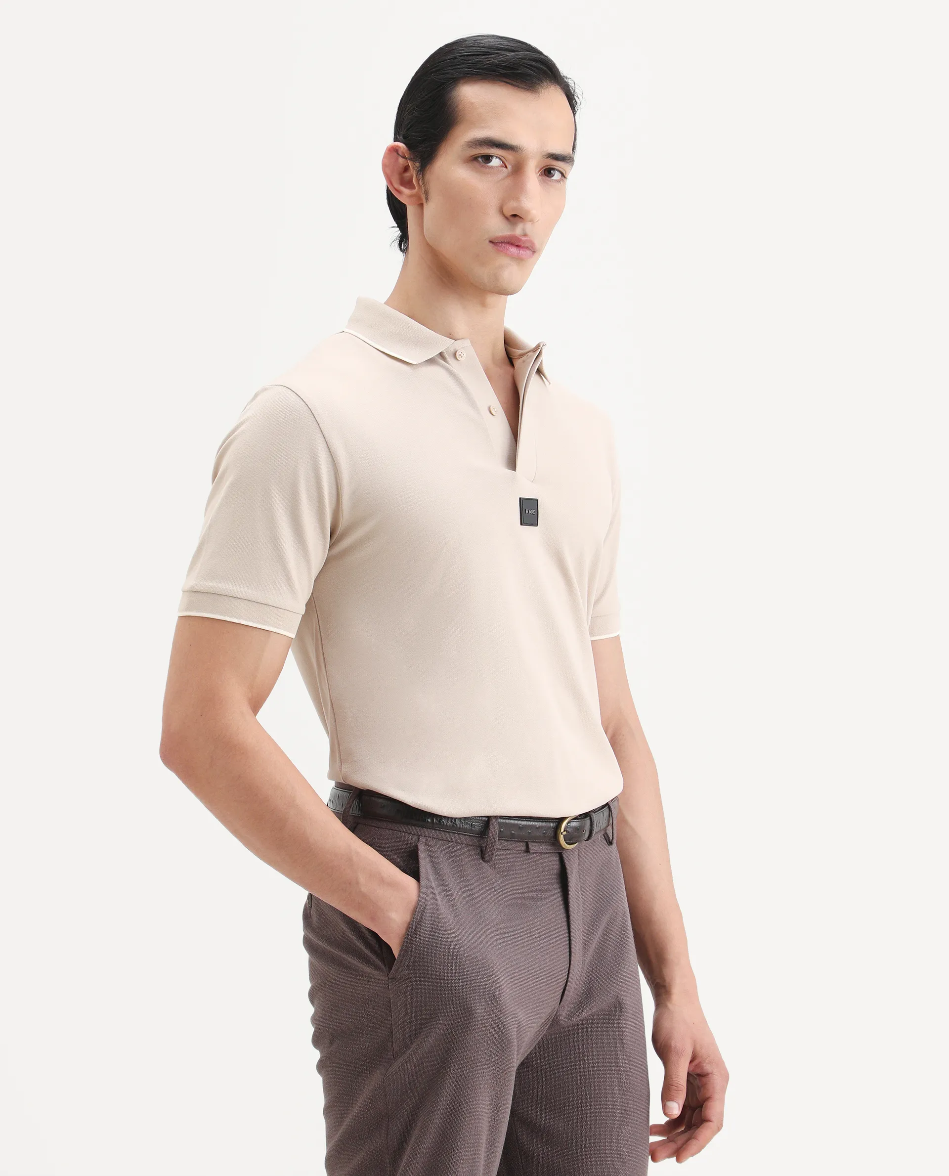 Rare Rabbit Men's Mak Beige Cotton Blend Fabric Half Sleeve Spread Collar Regular Fit Plain Polo - Image 6