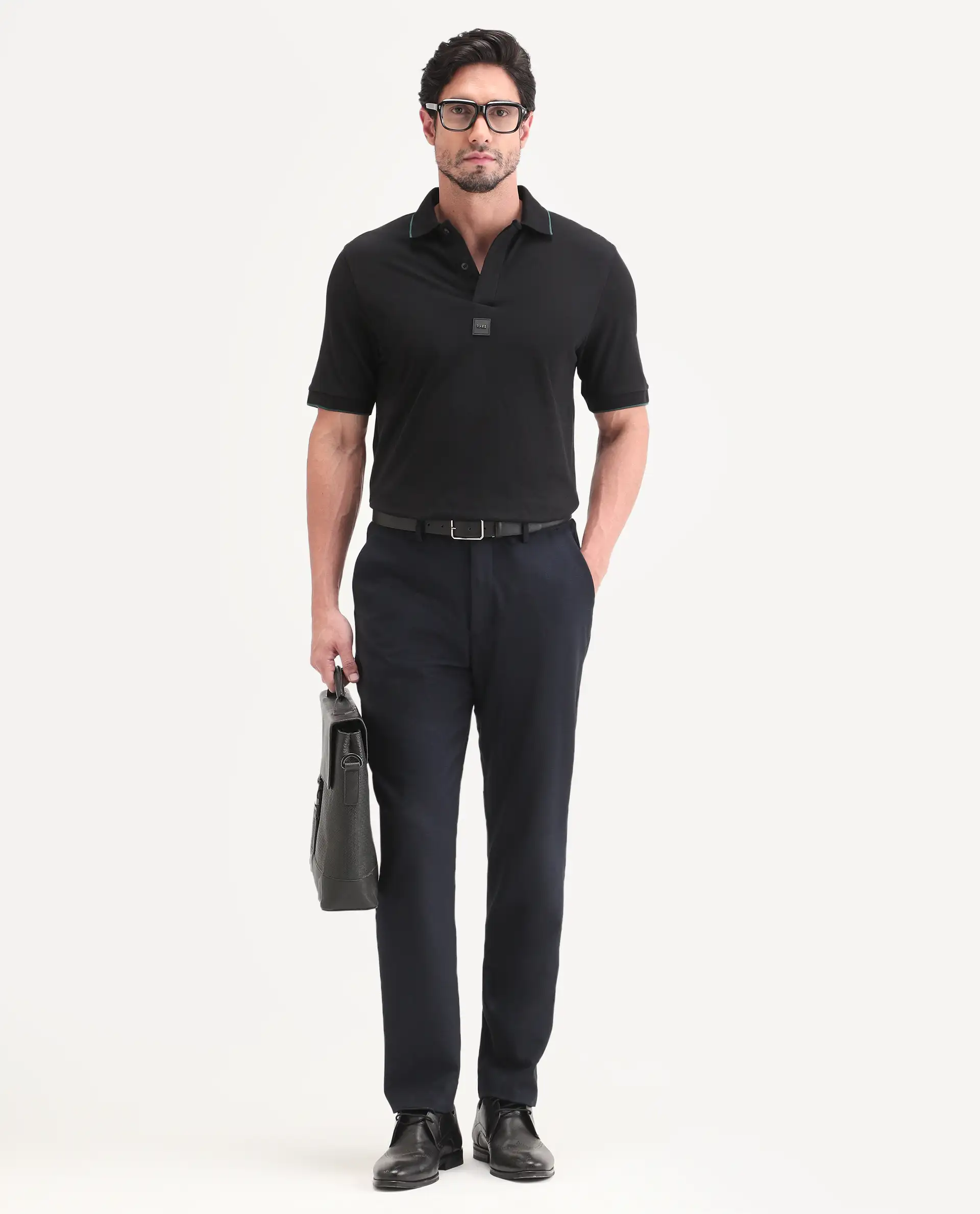 Rare Rabbit Men's Mak Black Cotton Blend Fabric Half Sleeve Spread Collar Regular Fit Plain Polo - Image 2