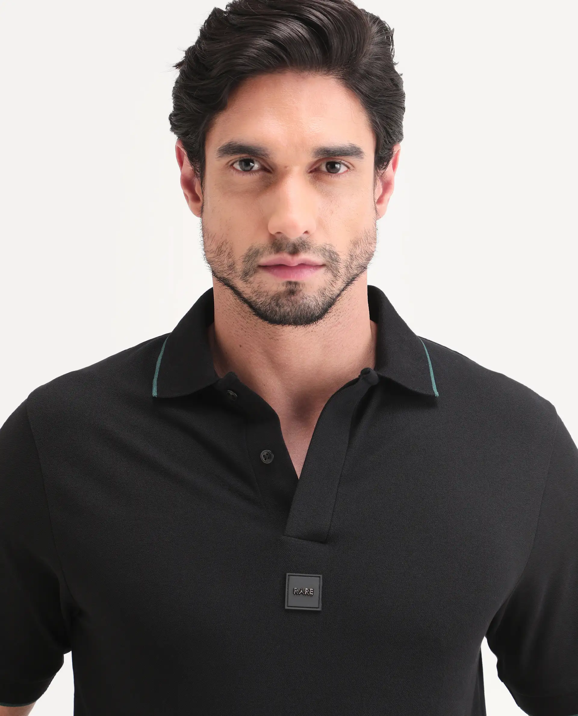 Rare Rabbit Men's Mak Black Cotton Blend Fabric Half Sleeve Spread Collar Regular Fit Plain Polo - Image 3