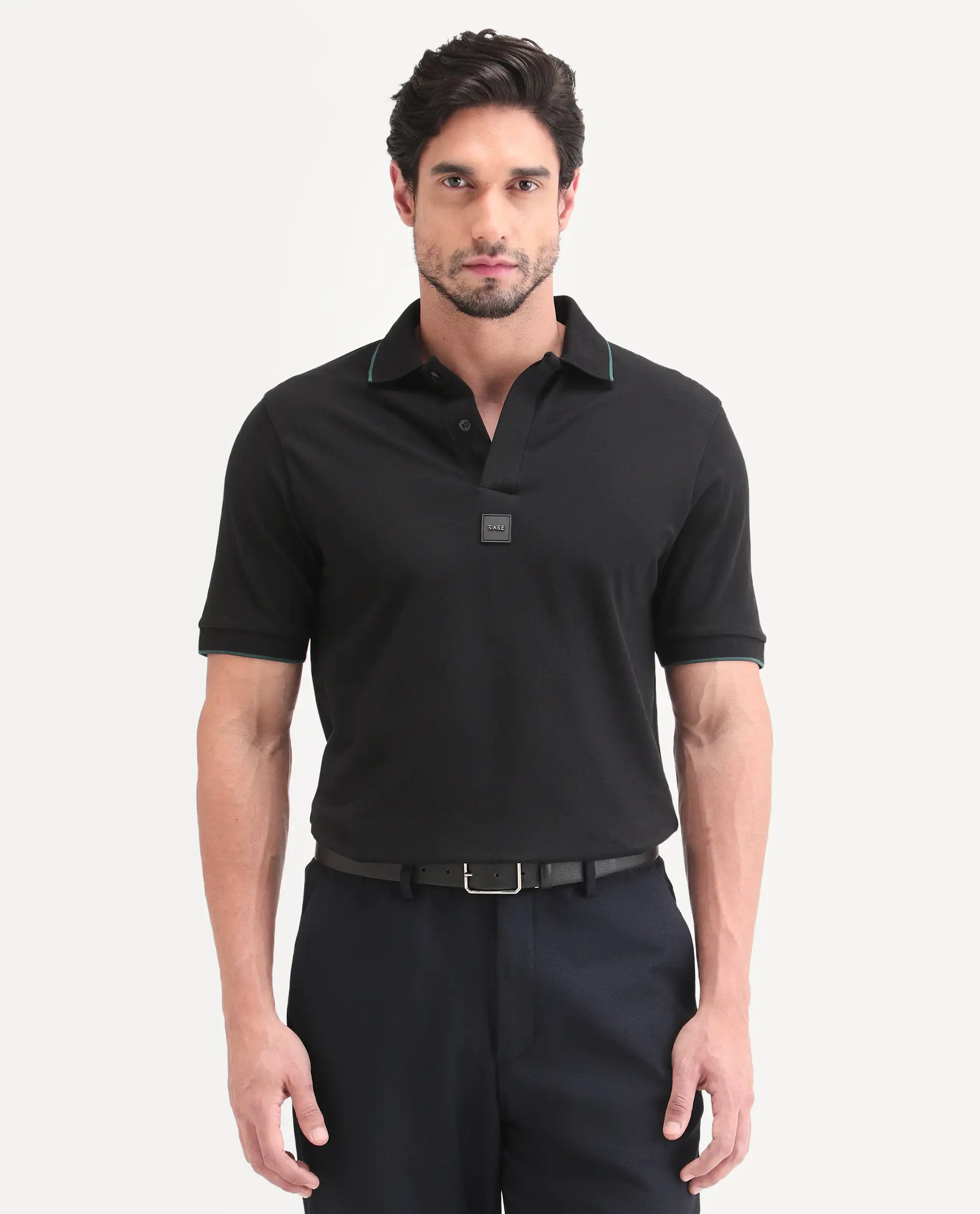 Rare Rabbit Men's Mak Black Cotton Blend Fabric Half Sleeve Spread Collar Regular Fit Plain Polo - Image 4