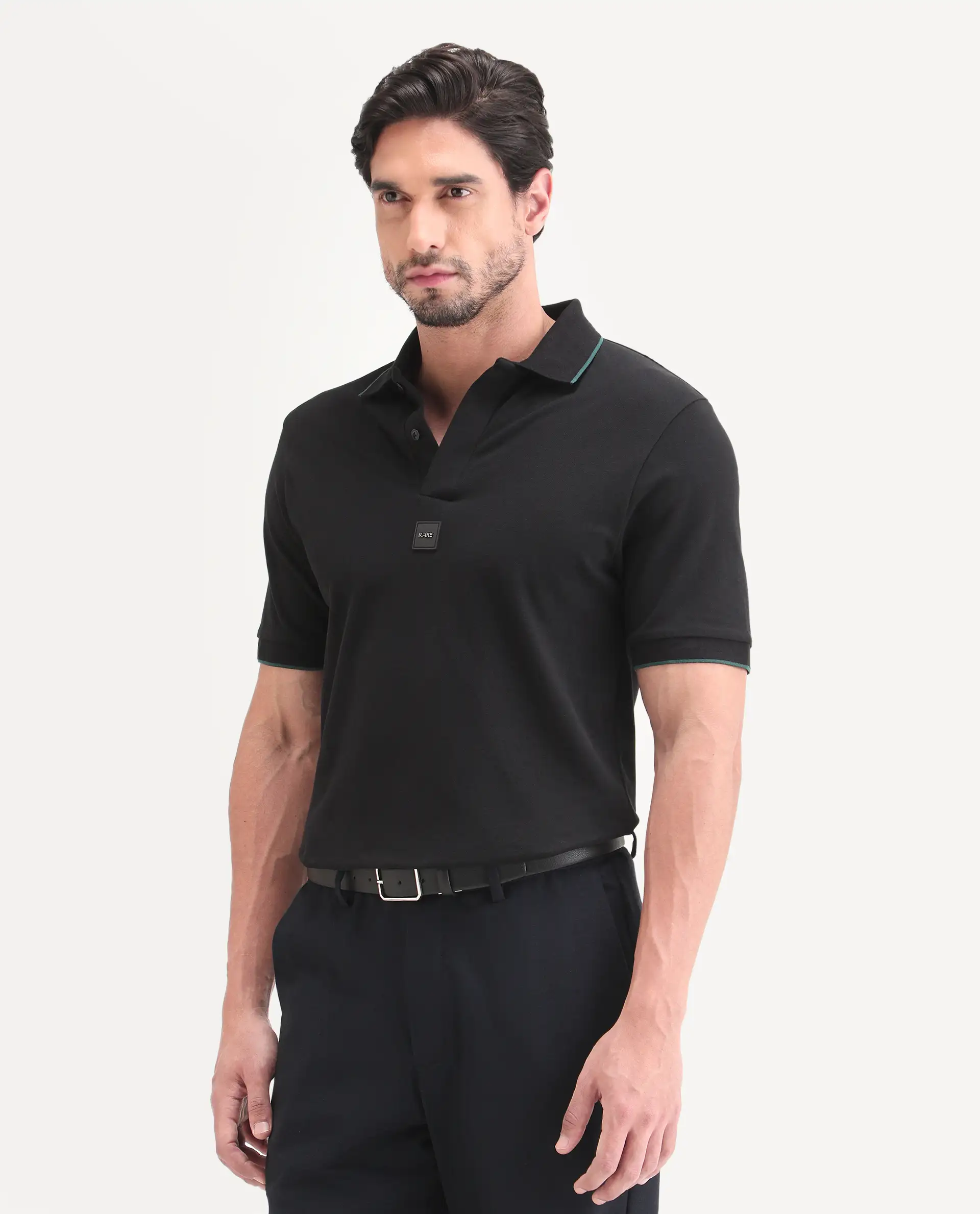 Rare Rabbit Men's Mak Black Cotton Blend Fabric Half Sleeve Spread Collar Regular Fit Plain Polo - Image 5