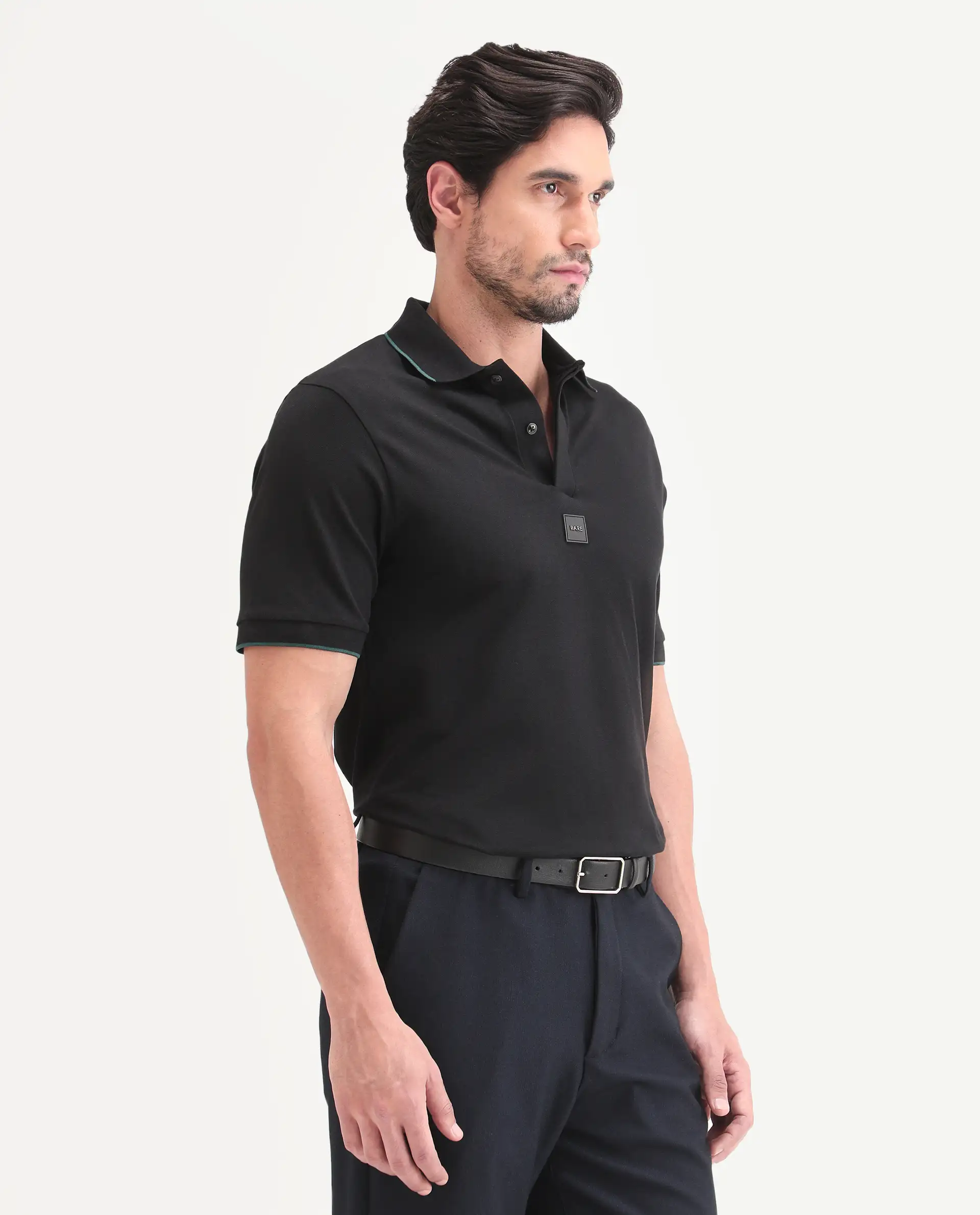 Rare Rabbit Men's Mak Black Cotton Blend Fabric Half Sleeve Spread Collar Regular Fit Plain Polo - Image 6