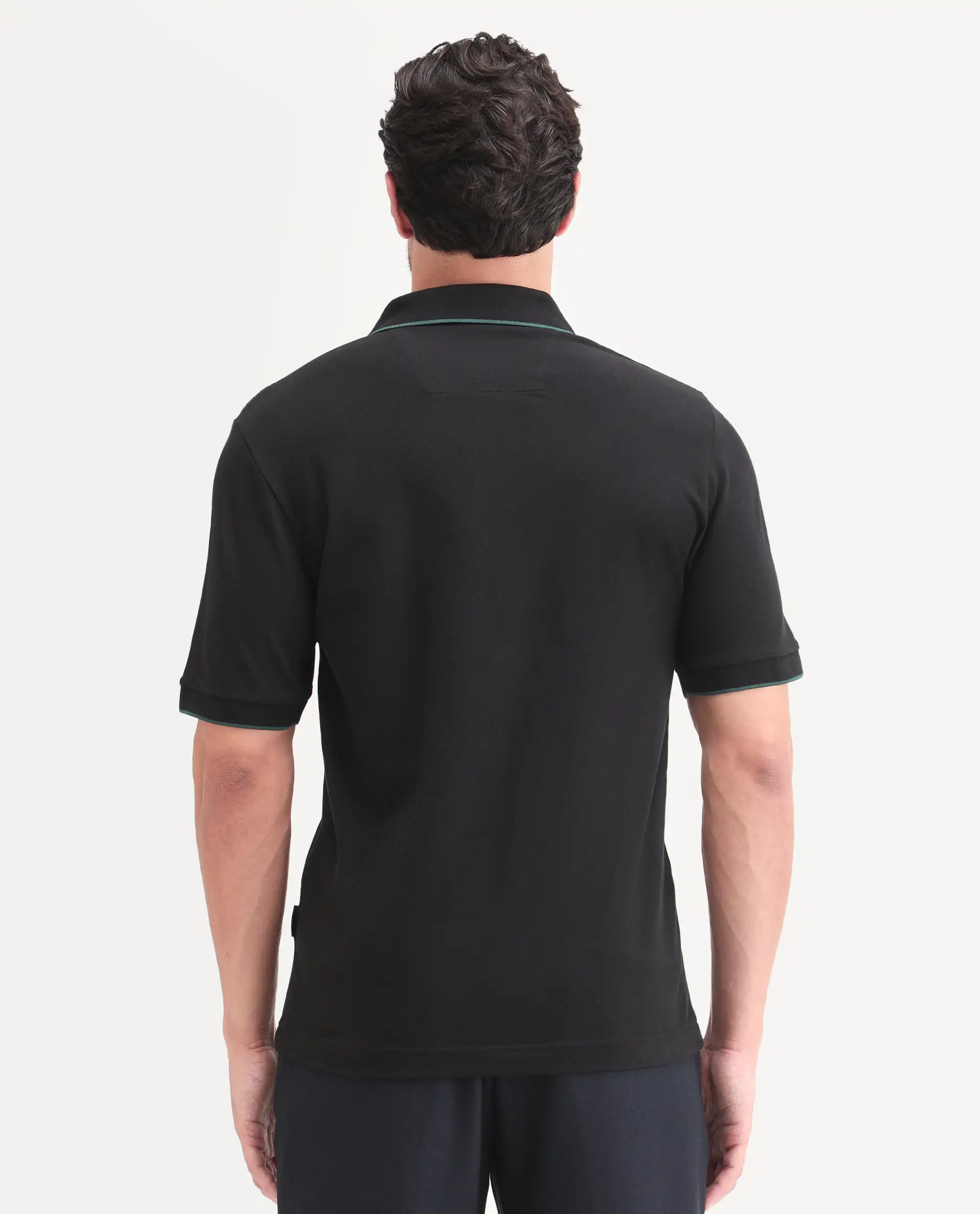 Rare Rabbit Men's Mak Black Cotton Blend Fabric Half Sleeve Spread Collar Regular Fit Plain Polo - Image 7