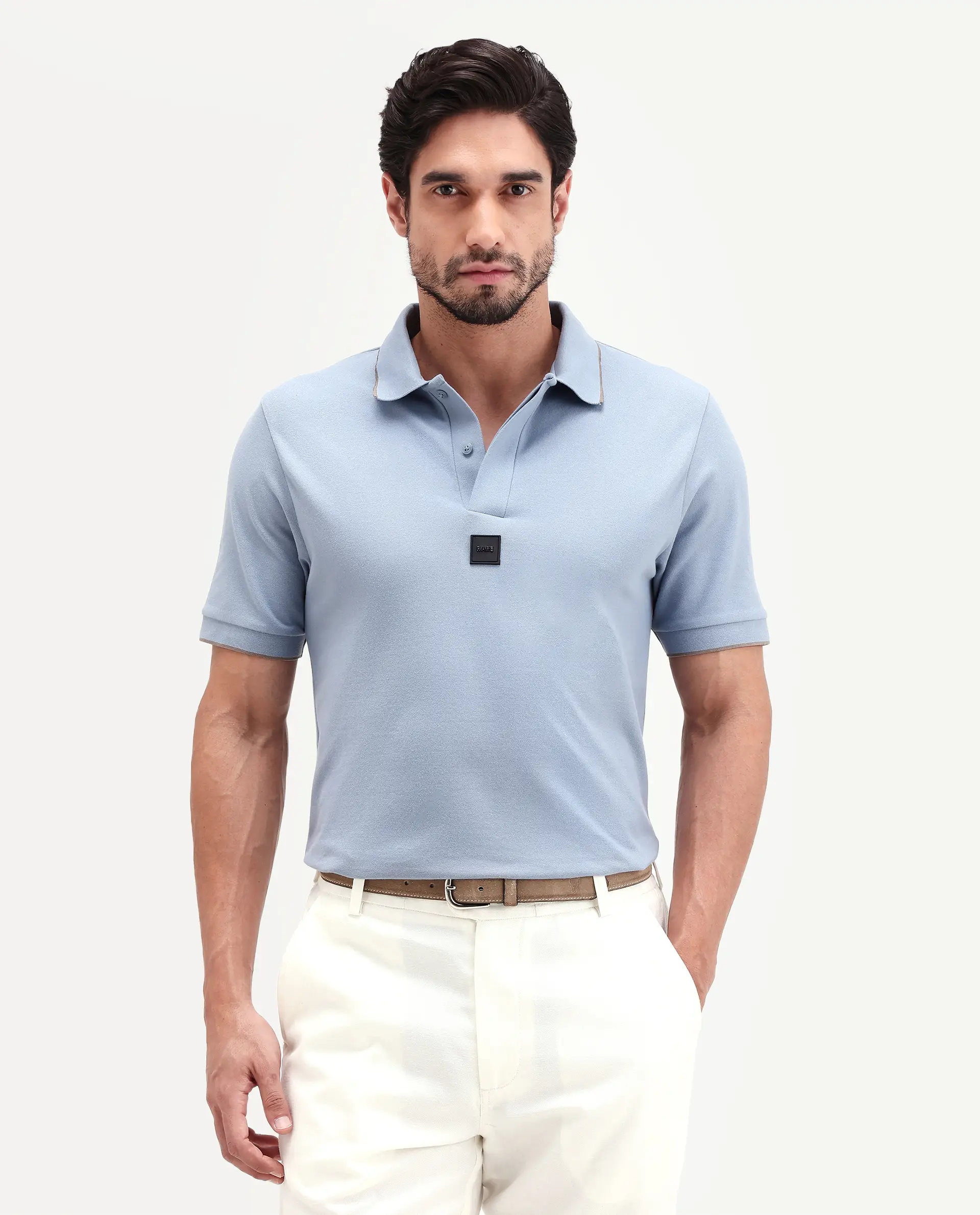 Rare Rabbit Men's Mak Dusky Blue Cotton Blend Fabric Half Sleeve Spread Collar Regular Fit Plain Polo