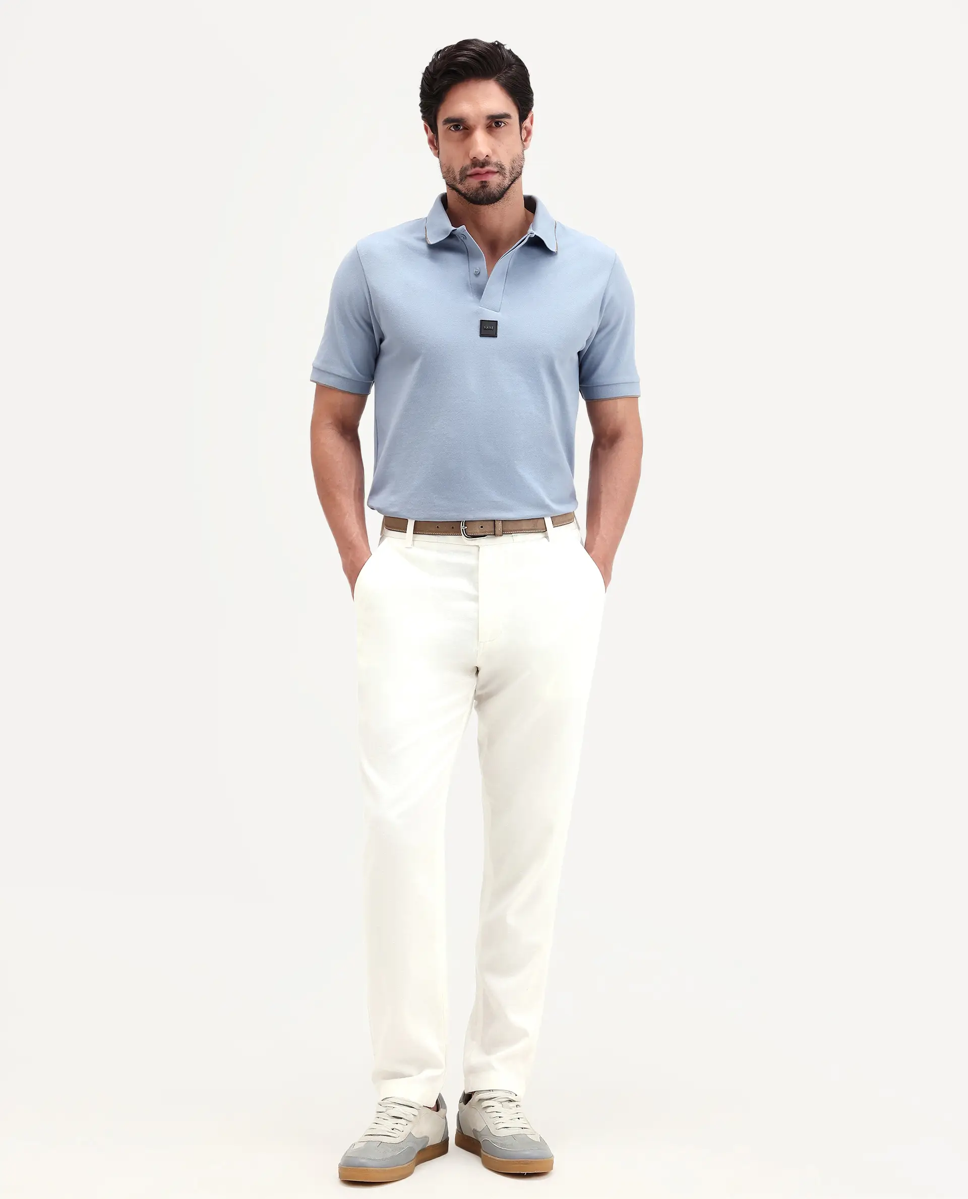 Rare Rabbit Men's Mak Dusky Blue Cotton Blend Fabric Half Sleeve Spread Collar Regular Fit Plain Polo - Image 2