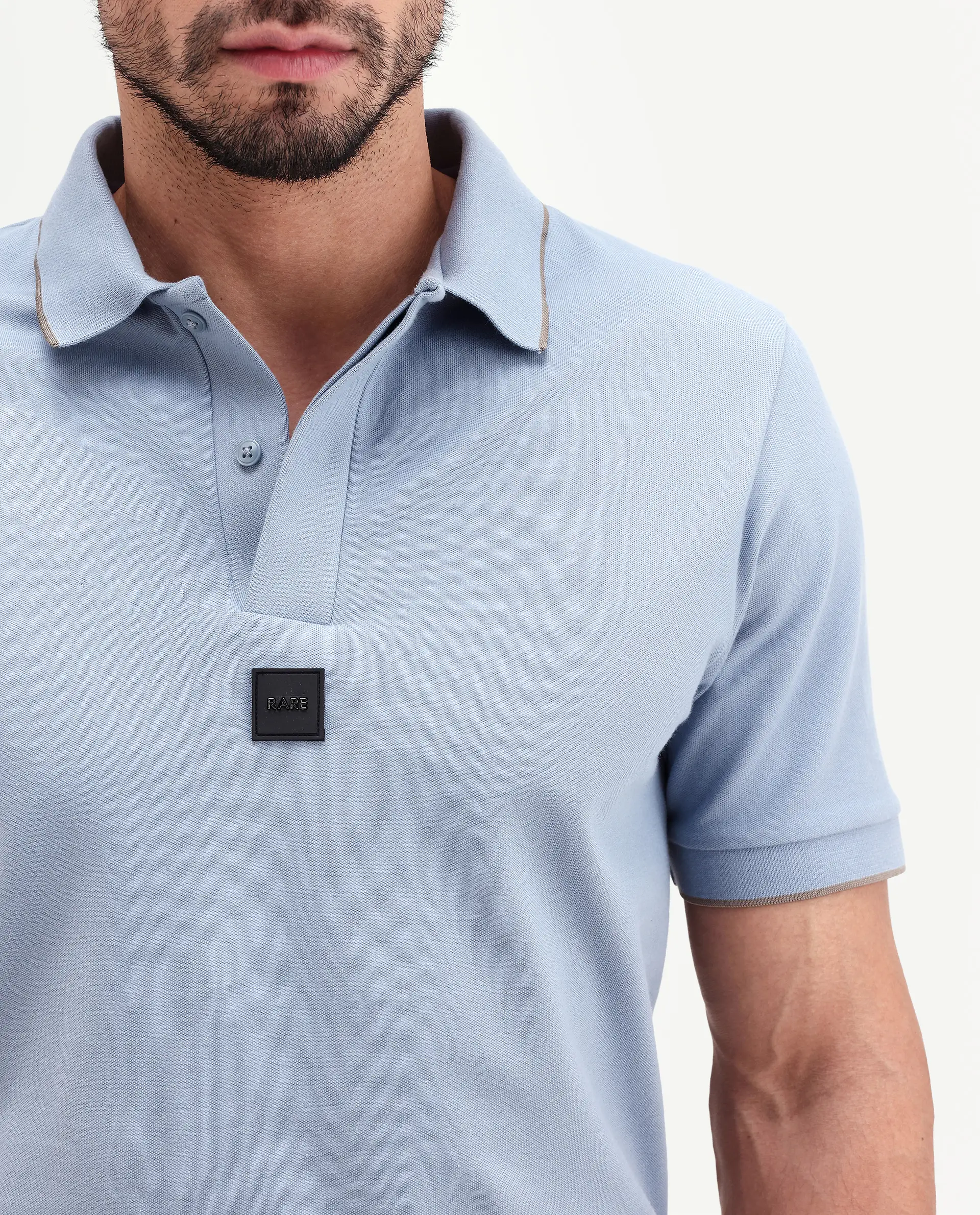 Rare Rabbit Men's Mak Dusky Blue Cotton Blend Fabric Half Sleeve Spread Collar Regular Fit Plain Polo - Image 3