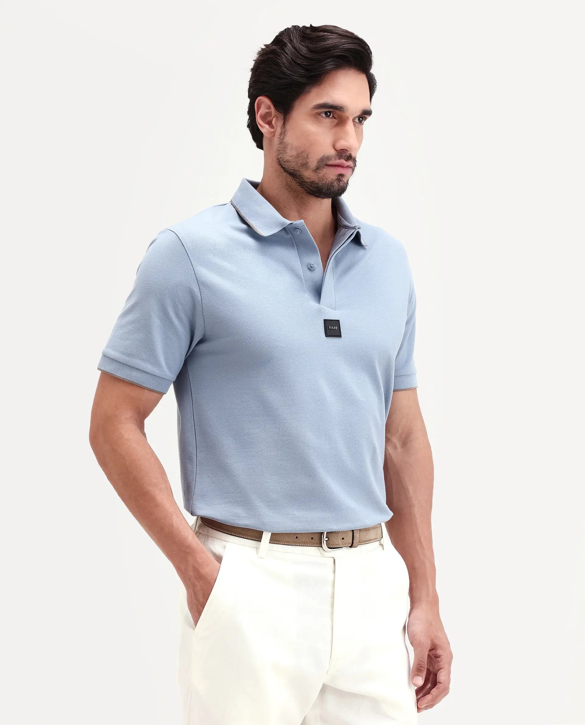 Rare Rabbit Men's Mak Dusky Blue Cotton Blend Fabric Half Sleeve Spread Collar Regular Fit Plain Polo - Image 4
