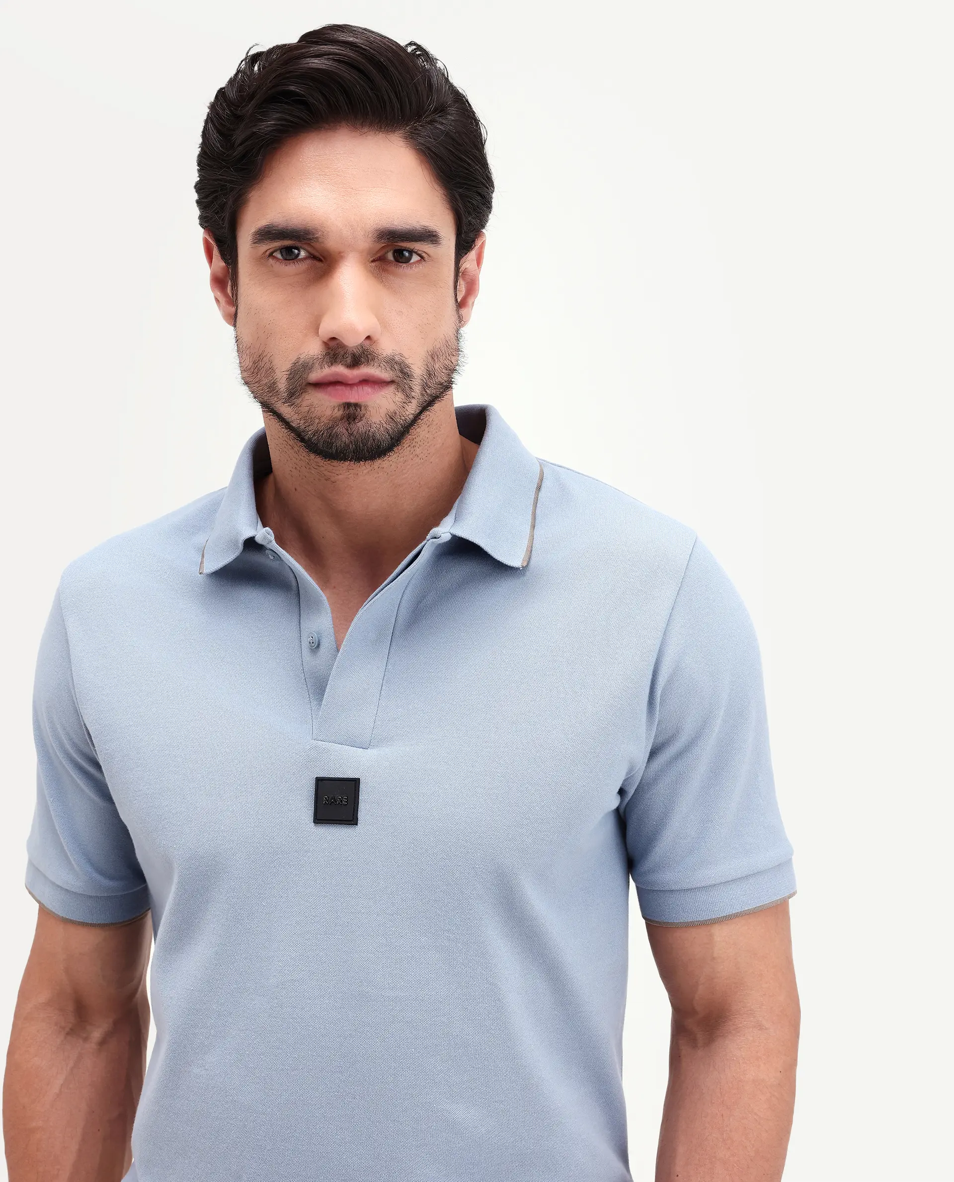 Rare Rabbit Men's Mak Dusky Blue Cotton Blend Fabric Half Sleeve Spread Collar Regular Fit Plain Polo - Image 5