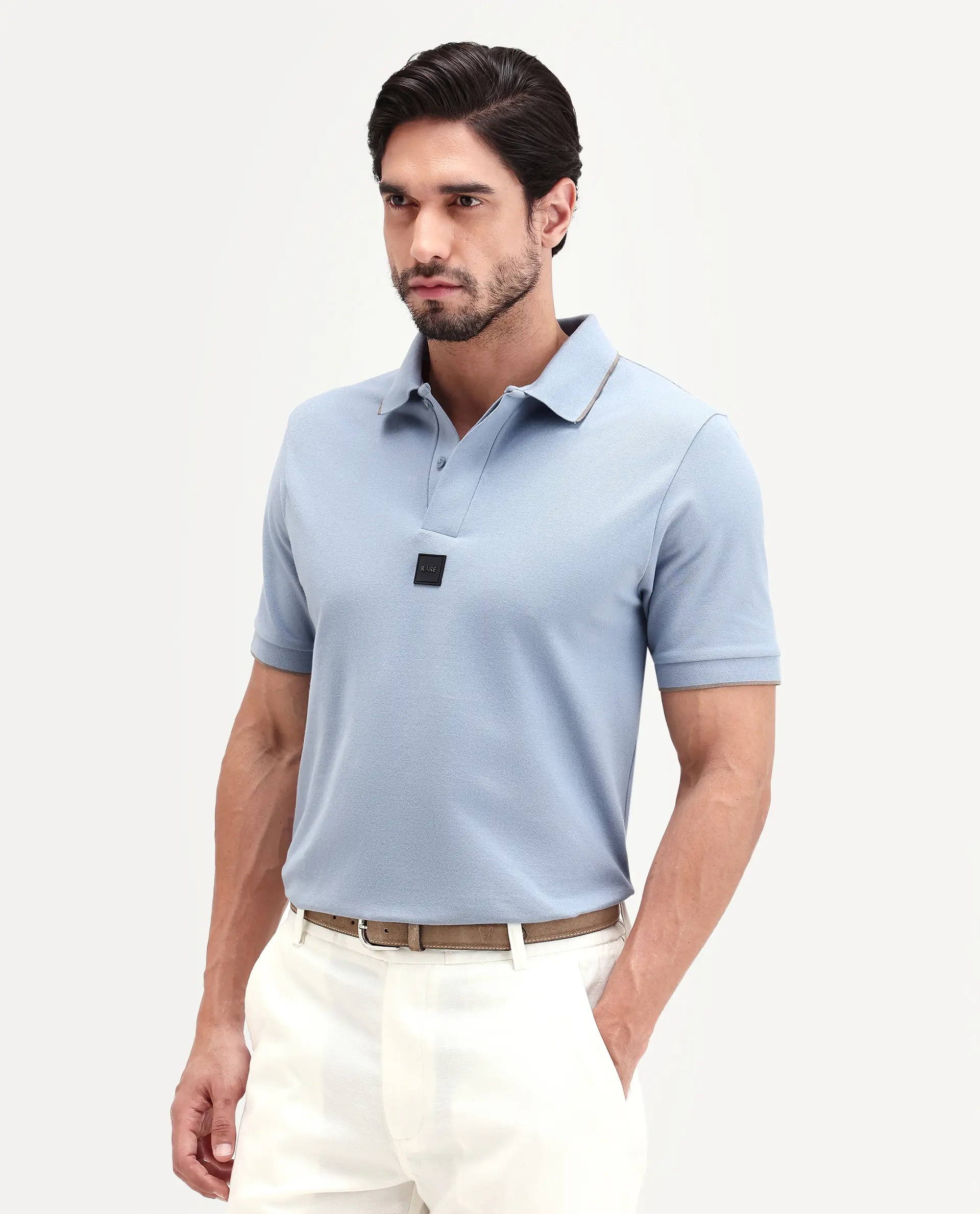 Rare Rabbit Men's Mak Dusky Blue Cotton Blend Fabric Half Sleeve Spread Collar Regular Fit Plain Polo - Image 6