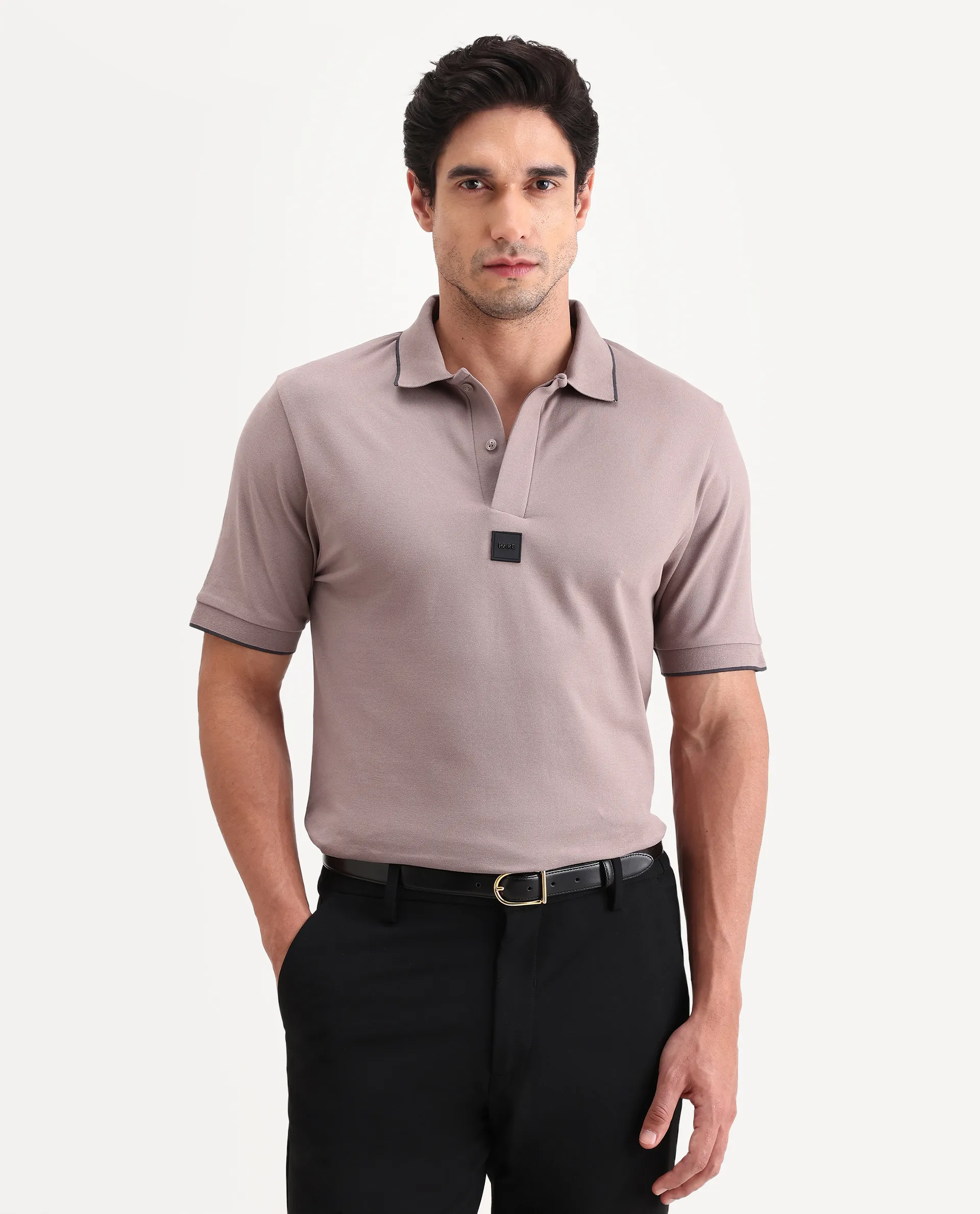 Rare Rabbit Men's Mak Dusky Pink Cotton Blend Fabric Half Sleeve Spread Collar Regular Fit Plain Polo - Image 4
