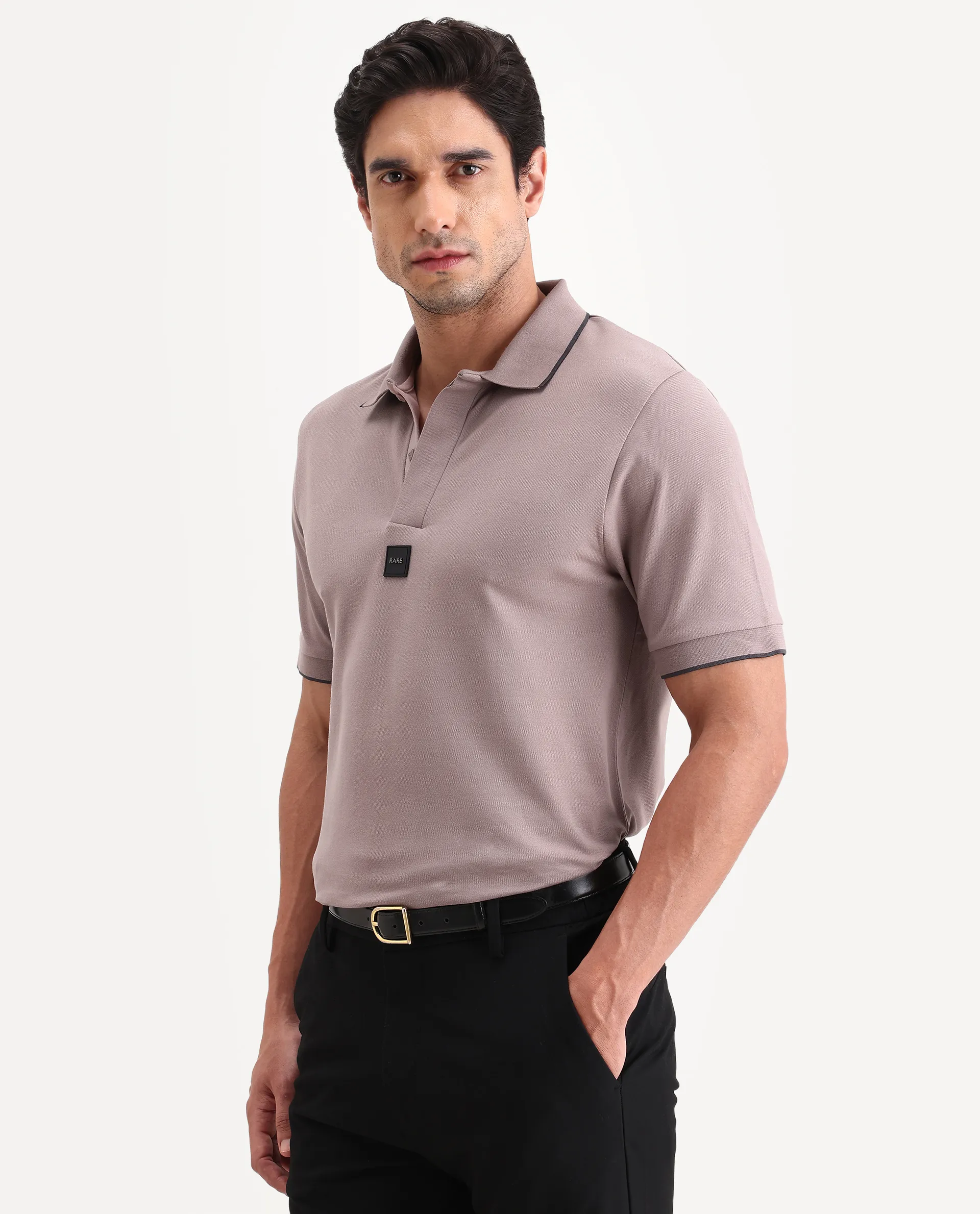 Rare Rabbit Men's Mak Dusky Pink Cotton Blend Fabric Half Sleeve Spread Collar Regular Fit Plain Polo - Image 5